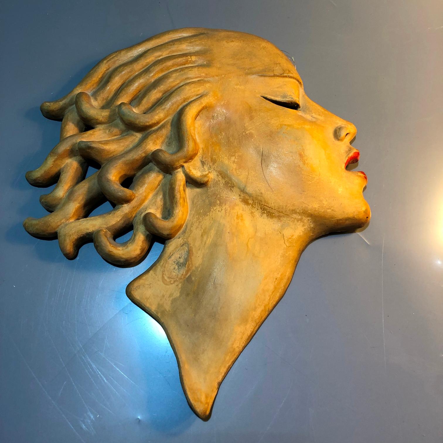 Hungarian Unique Art Deco Period Ceramic Wall Mask by Dr Rank Rezso, Hungary, 1930s For Sale