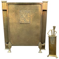 Unique Art Deco Set of a Bronze & Brass Firescreen with Matching Tools in Holder