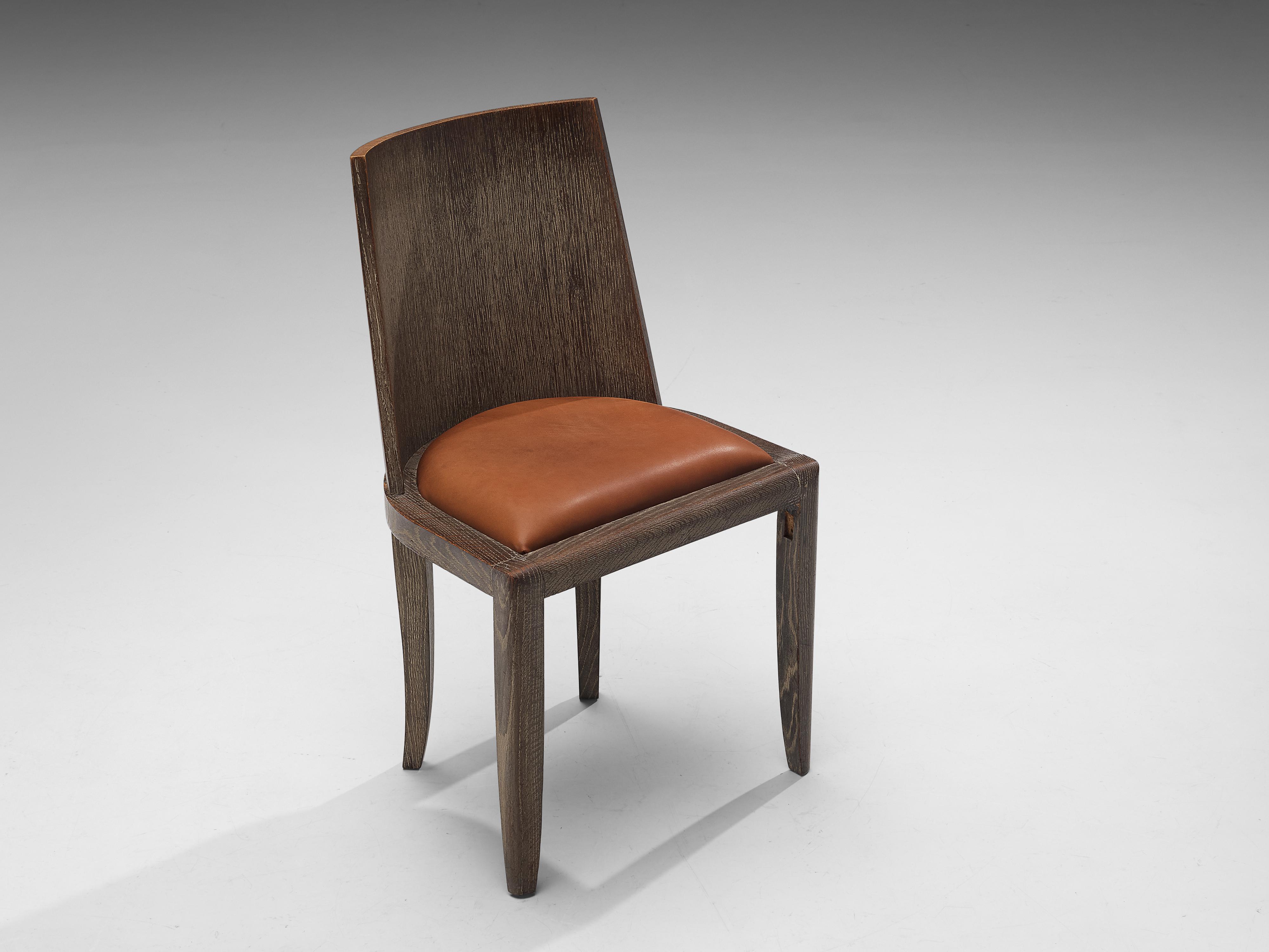 Unique Art Deco Set of Six Dining Chairs in Cerused Oak and Leather 7