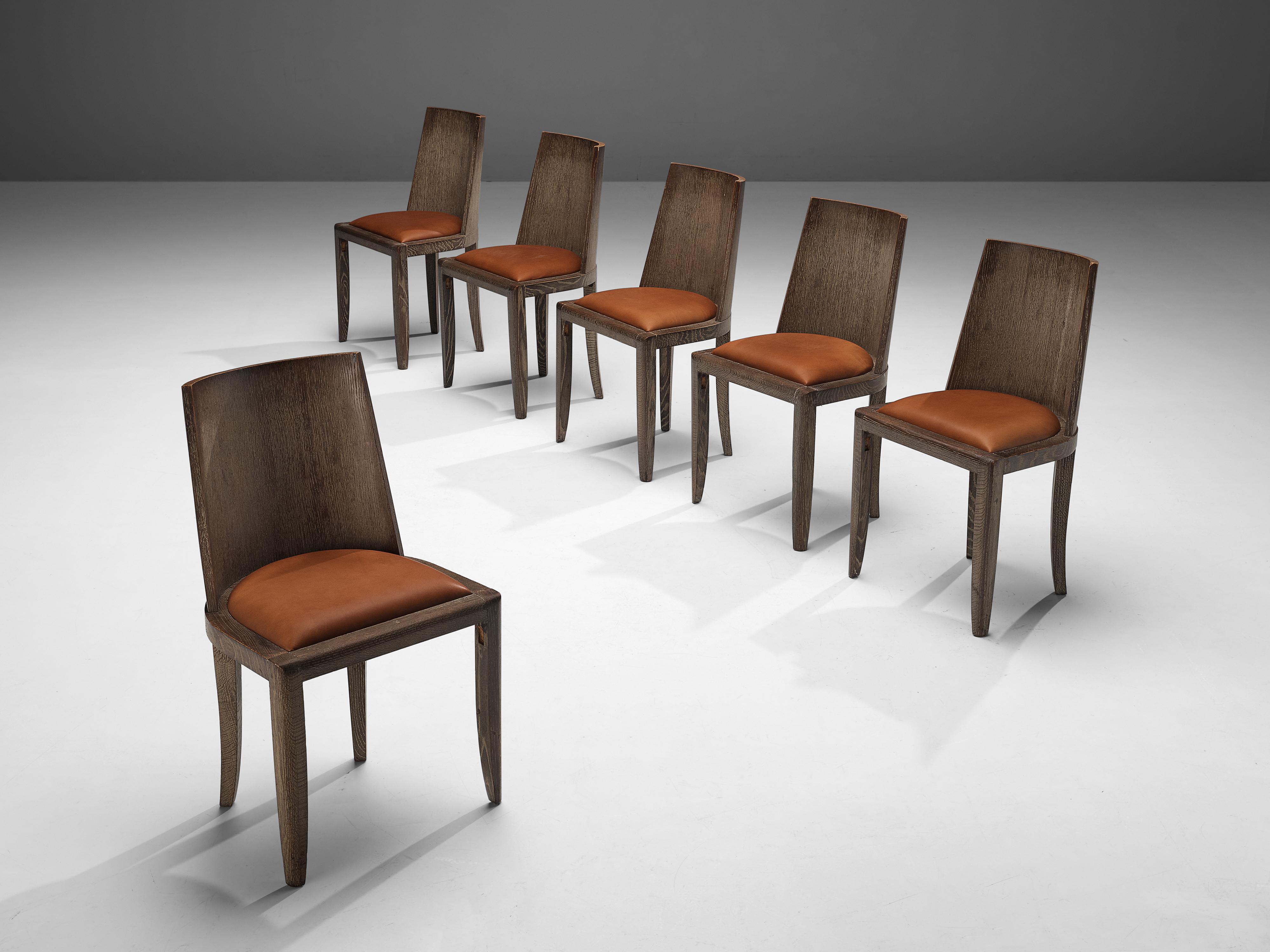 Unique Art Deco Set of Six Dining Chairs in Cerused Oak and Leather In Good Condition In Waalwijk, NL