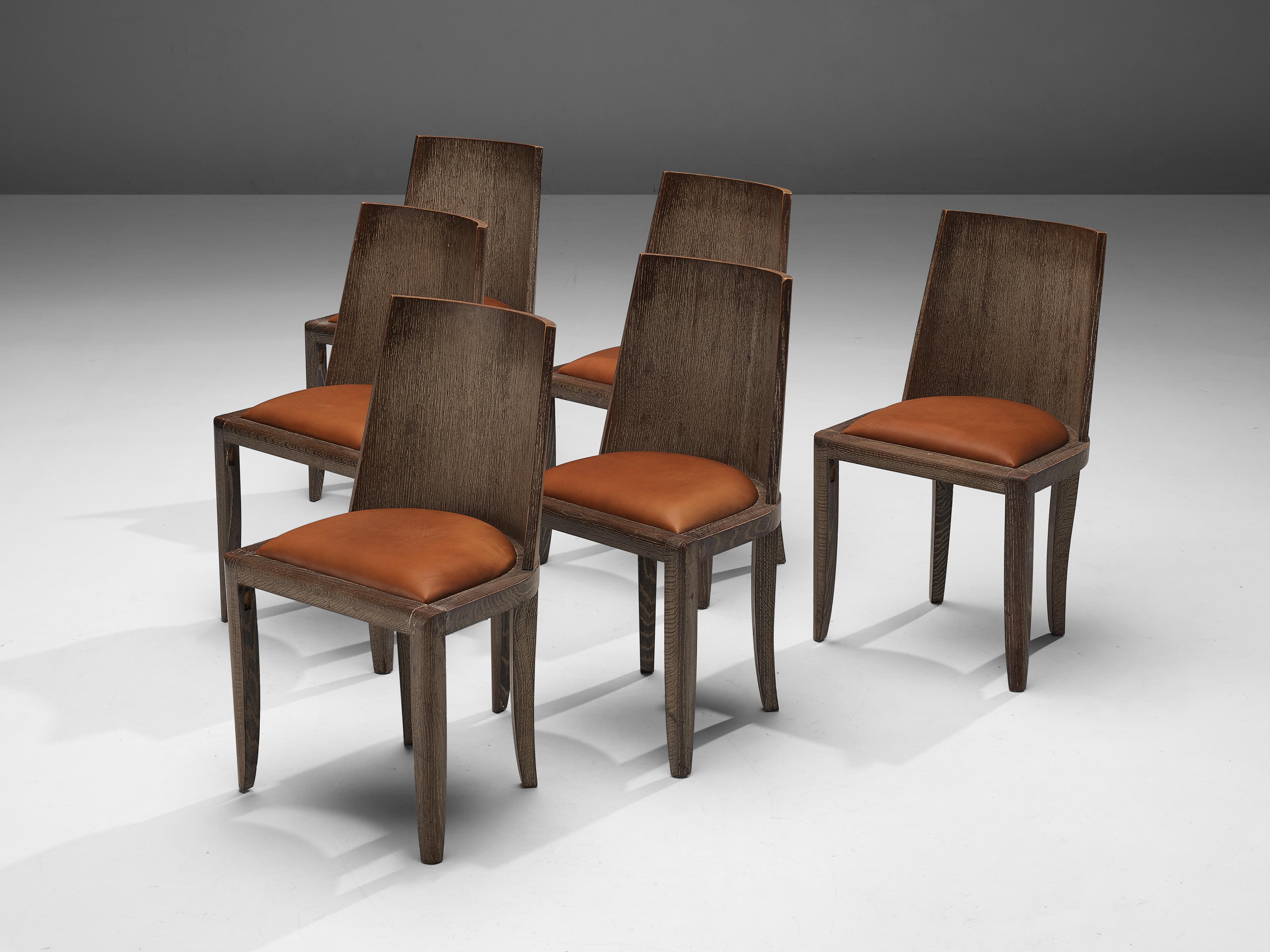 Unique Art Deco Set of Six Dining Chairs in Cerused Oak and Leather 1
