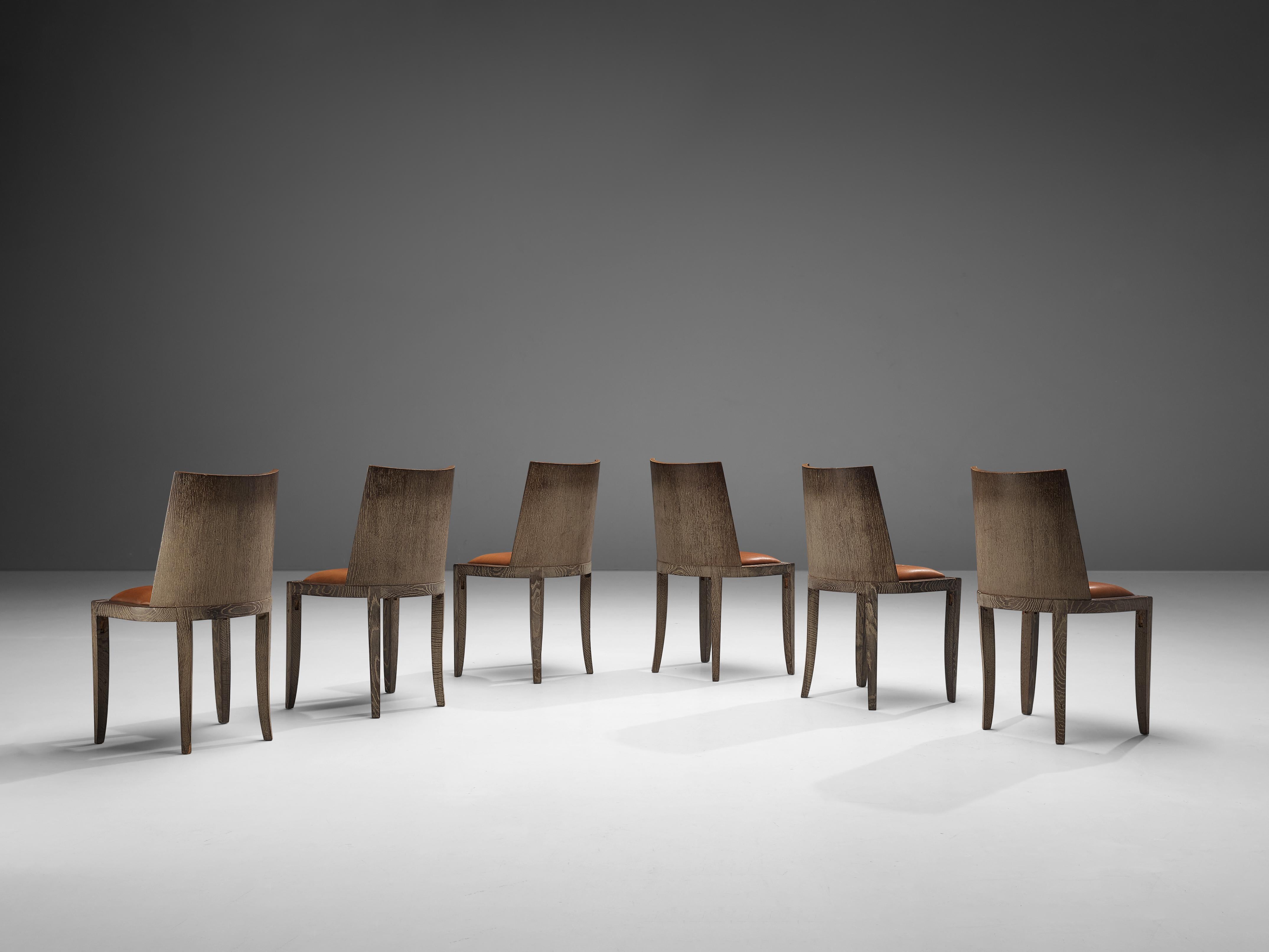 Unique Art Deco Set of Six Dining Chairs in Cerused Oak and Leather 2