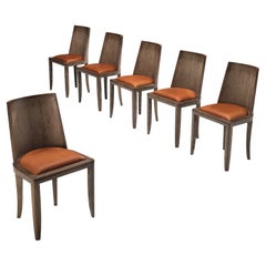 Unique Art Deco Set of Six Dining Chairs in Cerused Oak and Leather