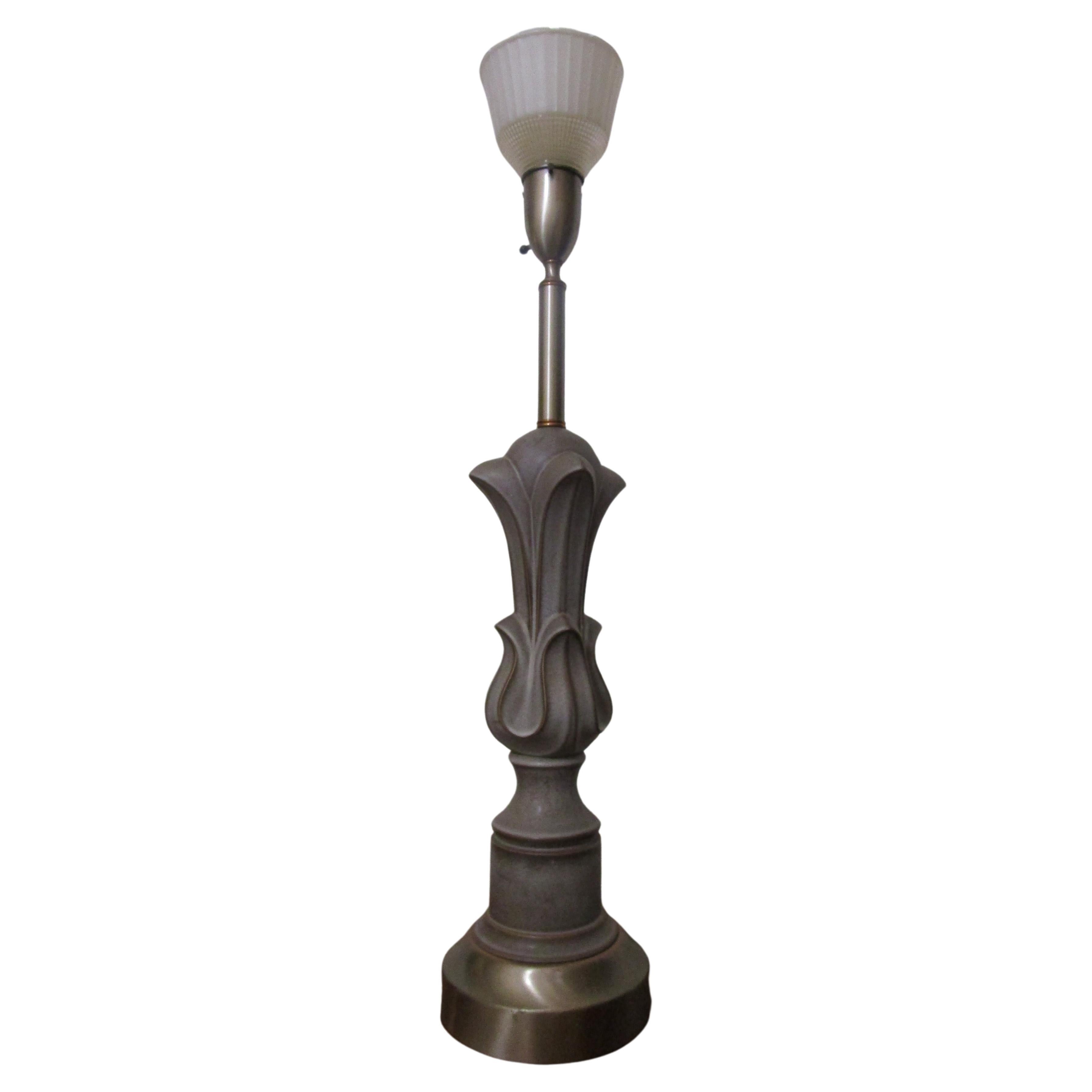 Unique Art Deco Style Iron, Copper and Metal Torchiere Lamp with Glass Shade For Sale