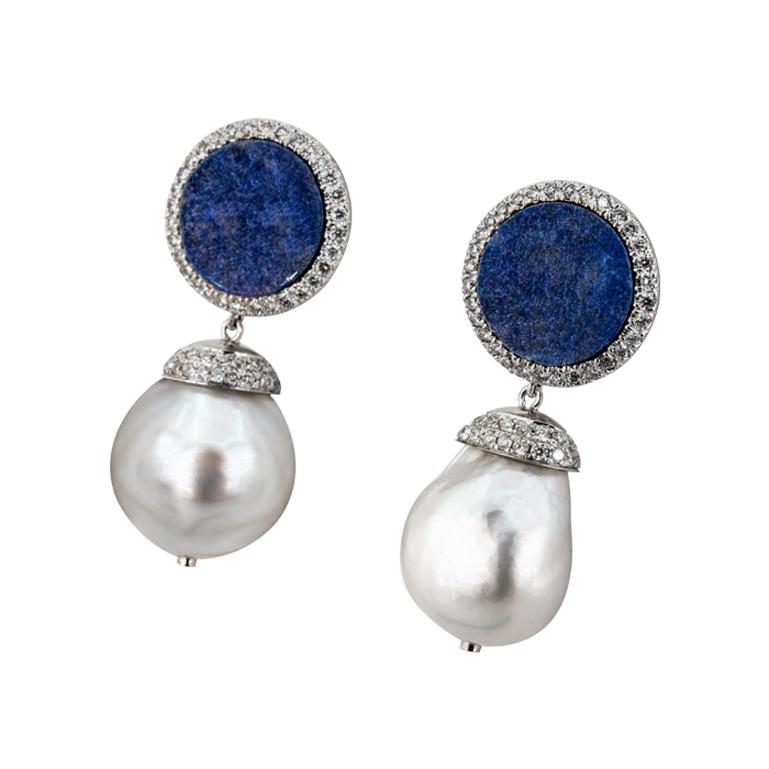 Unique Art Indigo Blue Earrings with Diamonds and Pearls.
White Gold 18 K, Diamond 0.75 Carat, Lapis Lazuli 2.00 Carat, South sea Pearl Baroque 13 mm

