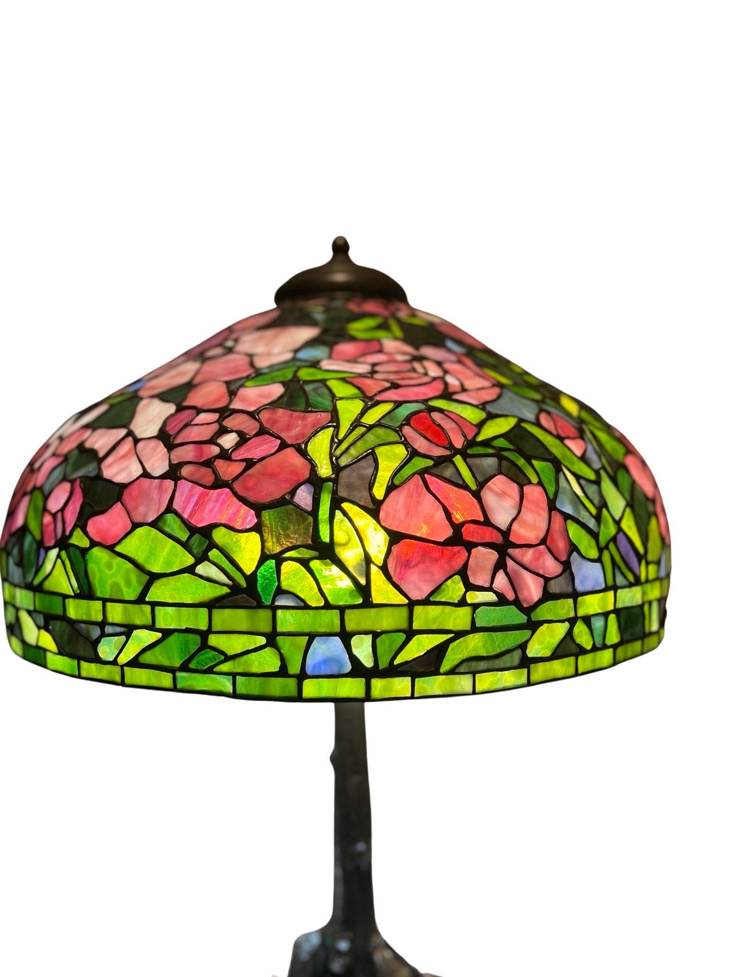American Unique Art Glass & Metal Company Leaded Glass Peony Table Lamp C. 1915 For Sale