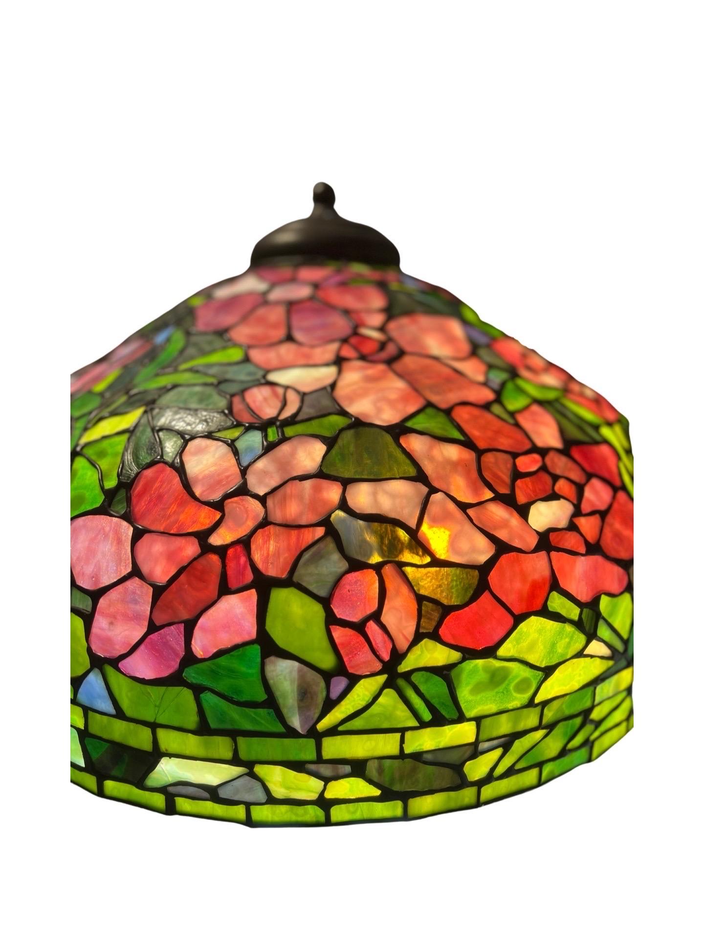 American Unique Art Glass & Metal Company Leaded Glass Peony Table Lamp C. 1915 For Sale
