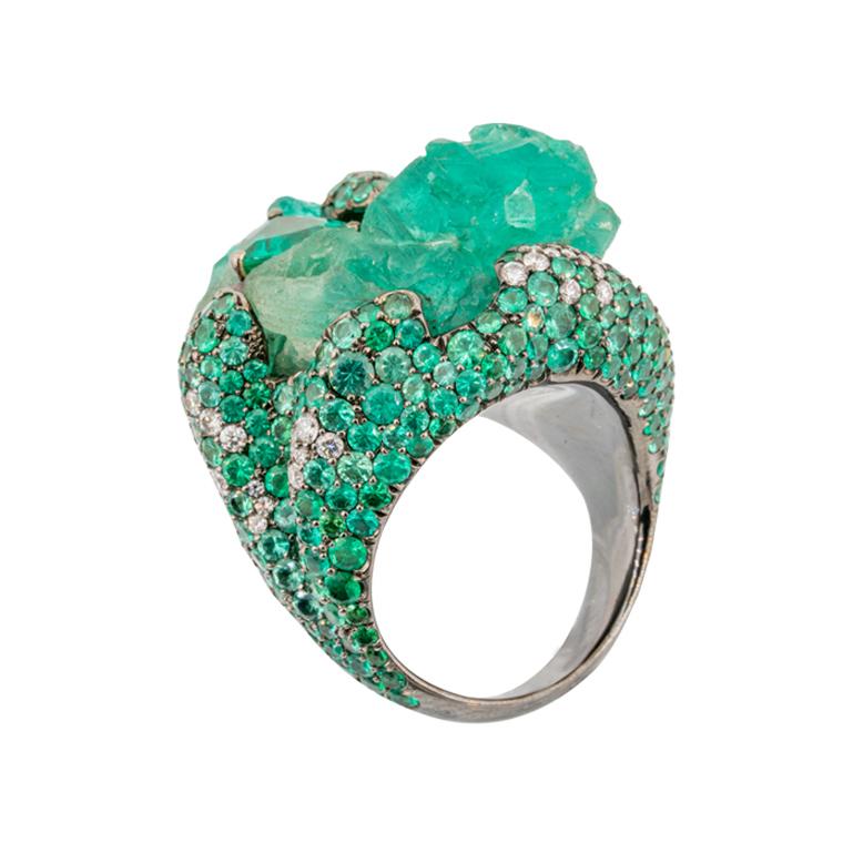 Art Deco Olympus Art Certified Unique Art, Natural Emerald Power Ring For Sale