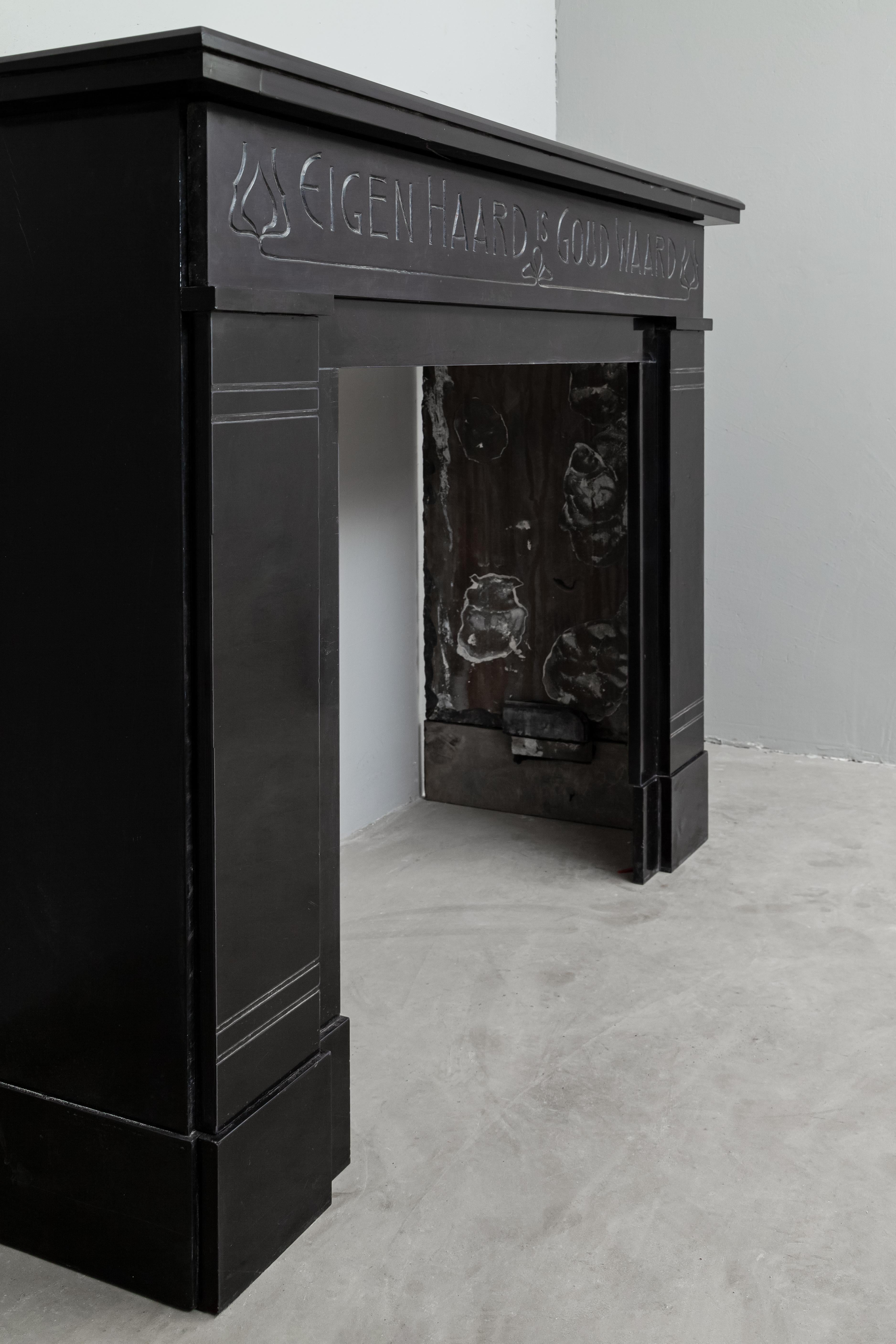 Belgian Unique Art Nouveau Noir de Mazy Marble Antique Circulation Fireplace For Sale