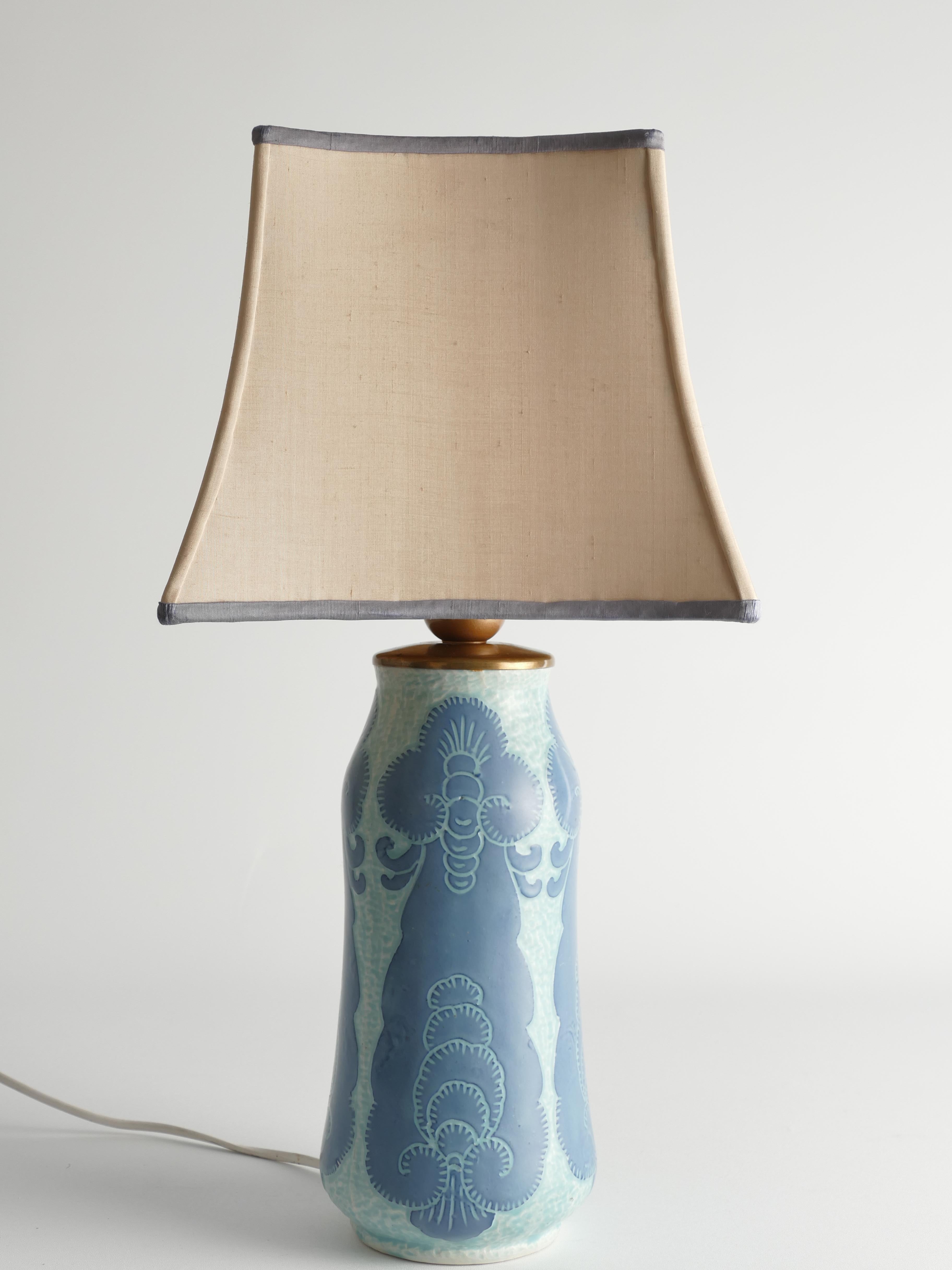 Unique Art Nouveau Pale Blue Ceramic Table Lamp by Josef Ekberg for Gustavsberg For Sale 3