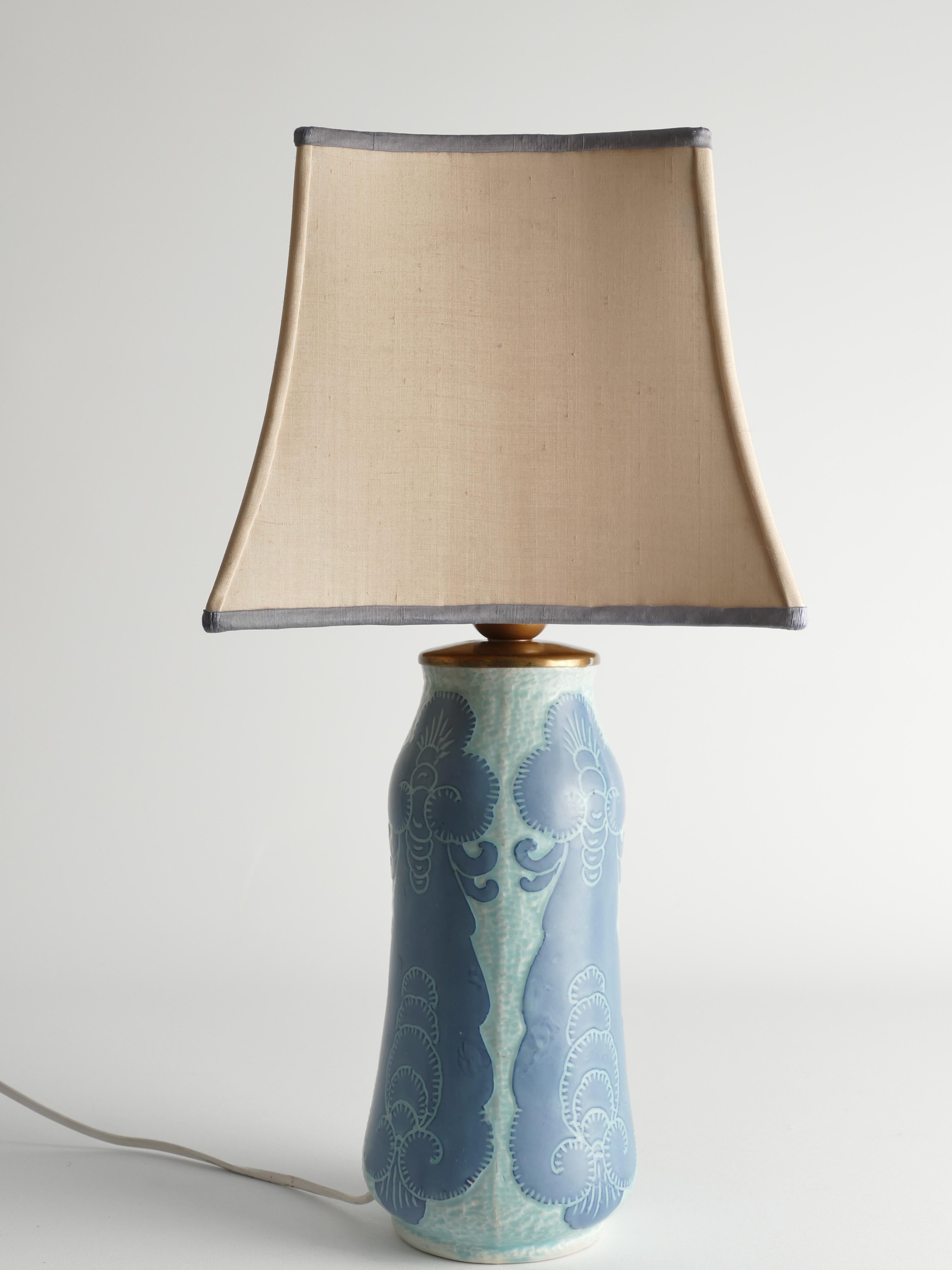 Unique Art Nouveau Pale Blue Ceramic Table Lamp by Josef Ekberg for Gustavsberg For Sale 4