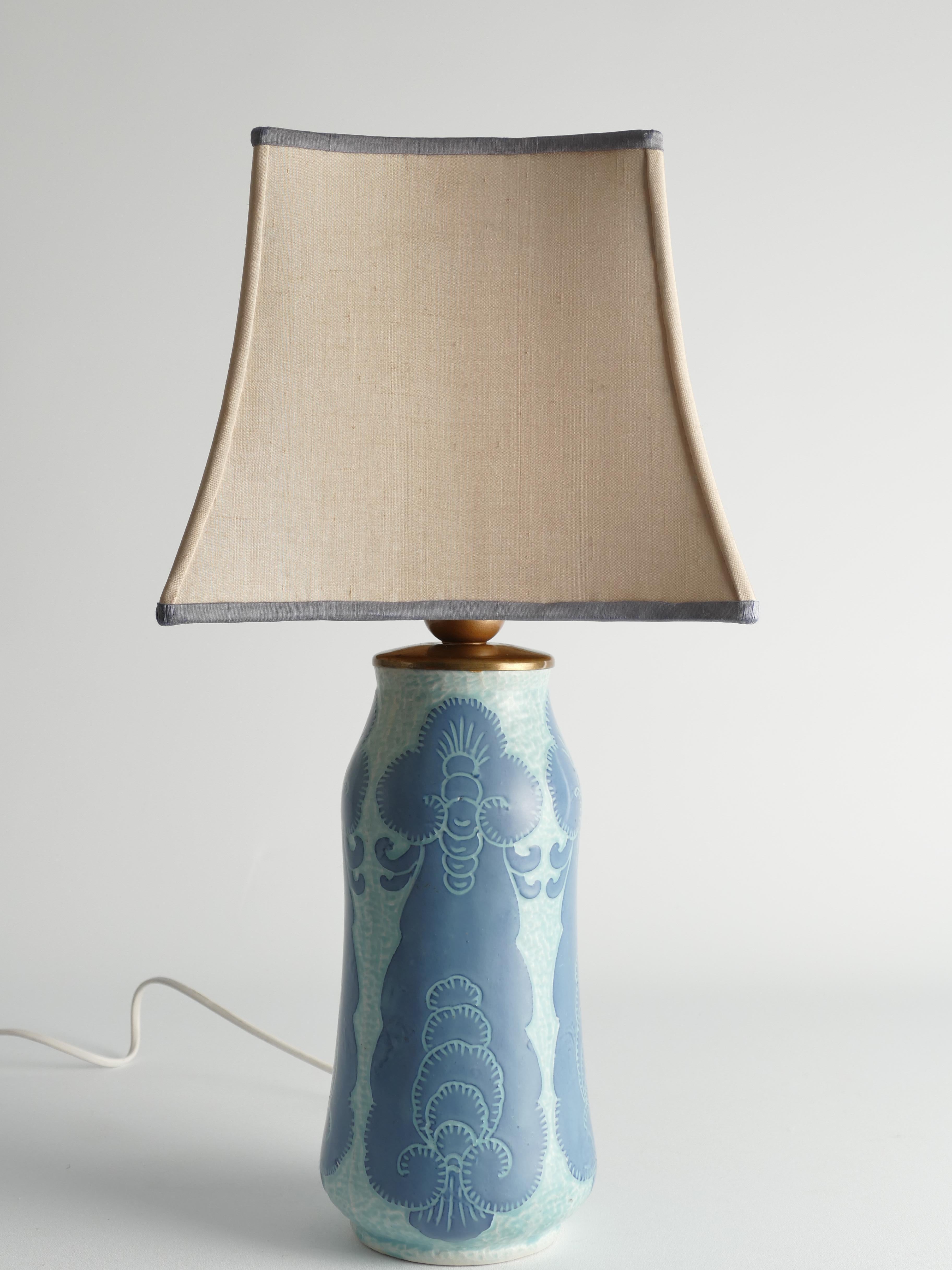 Unique Art Nouveau Pale Blue Ceramic Table Lamp by Josef Ekberg for Gustavsberg For Sale 1