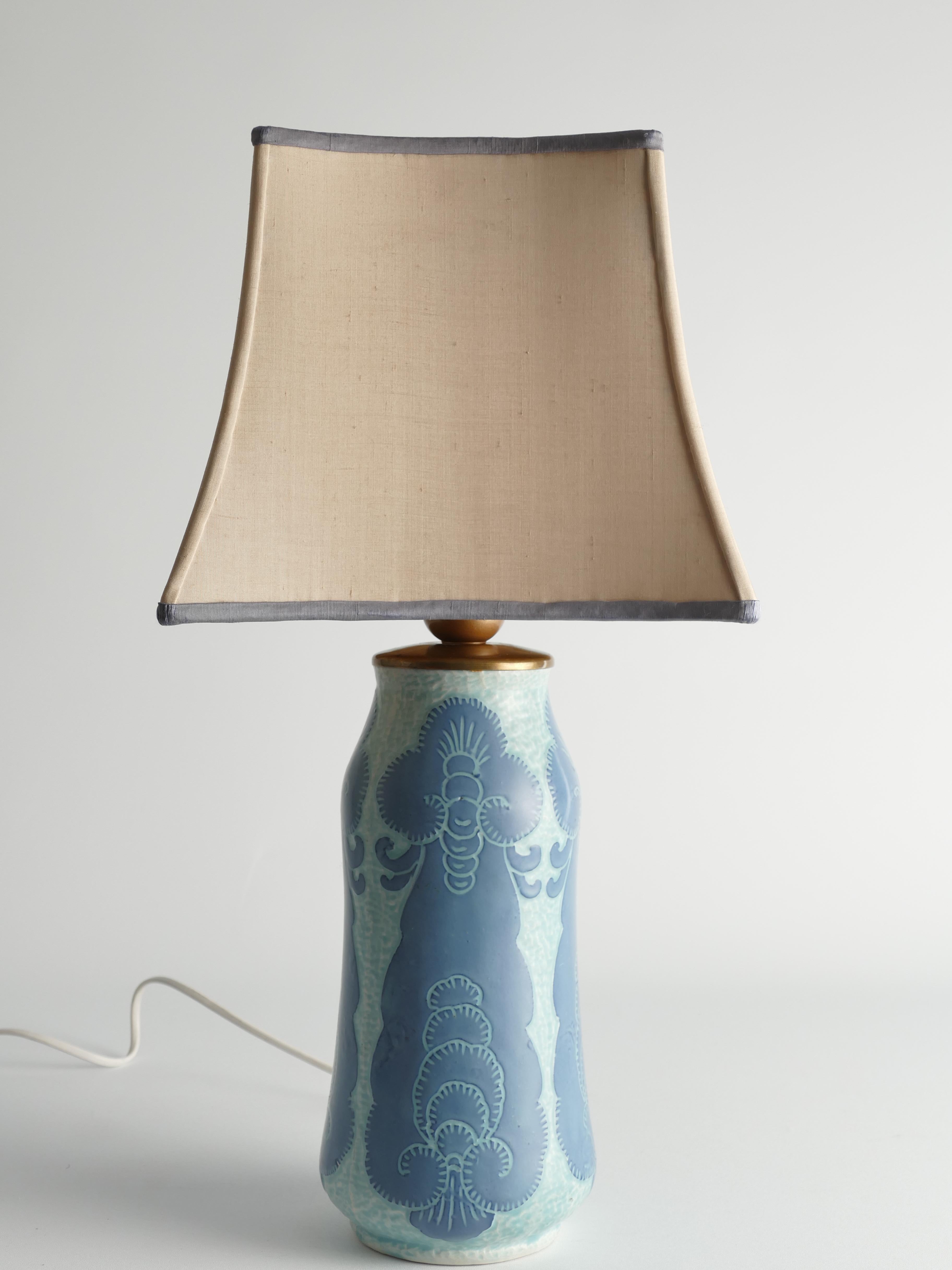 Unique Art Nouveau Pale Blue Ceramic Table Lamp by Josef Ekberg for Gustavsberg For Sale 2
