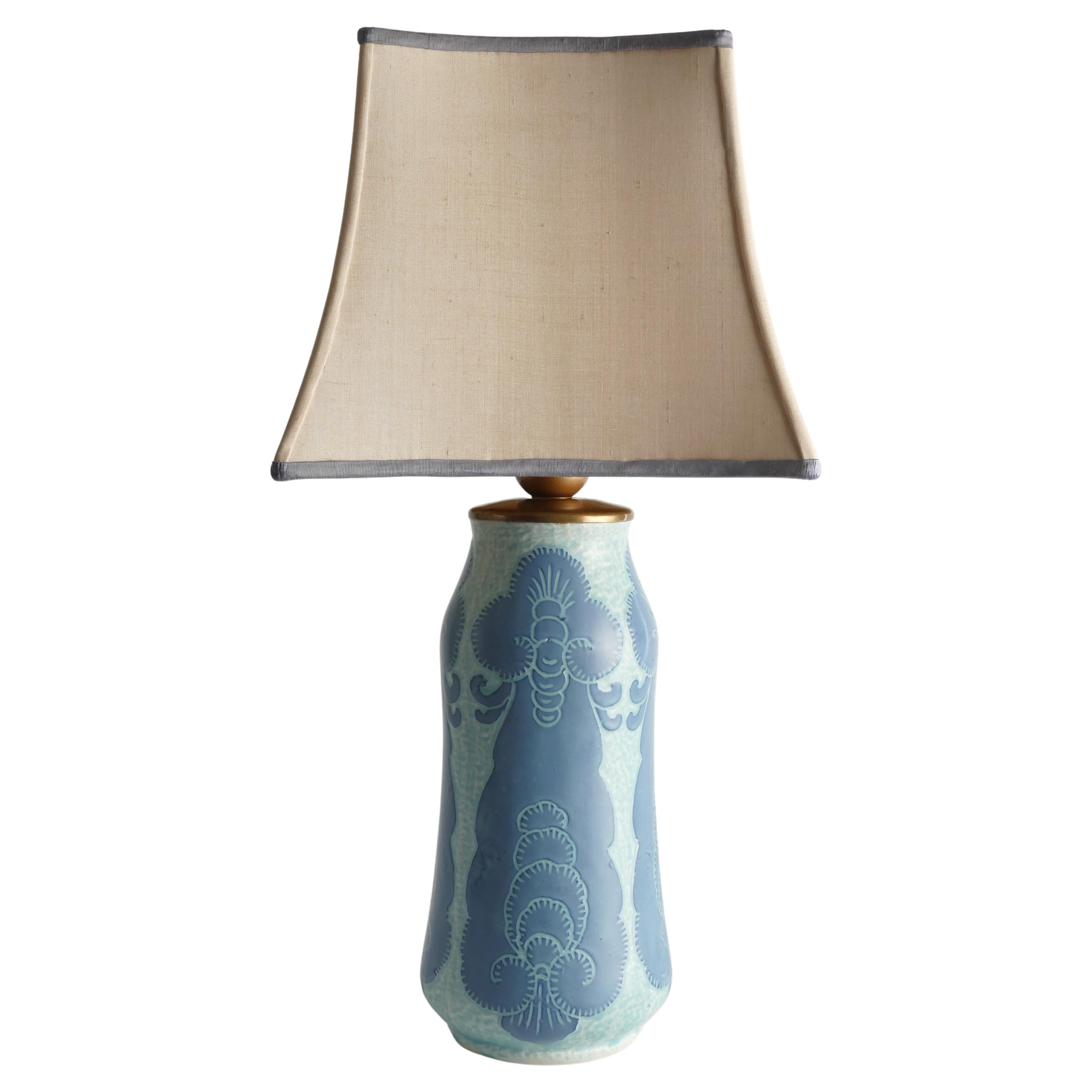 Unique Art Nouveau Pale Blue Ceramic Table Lamp by Josef Ekberg for Gustavsberg For Sale