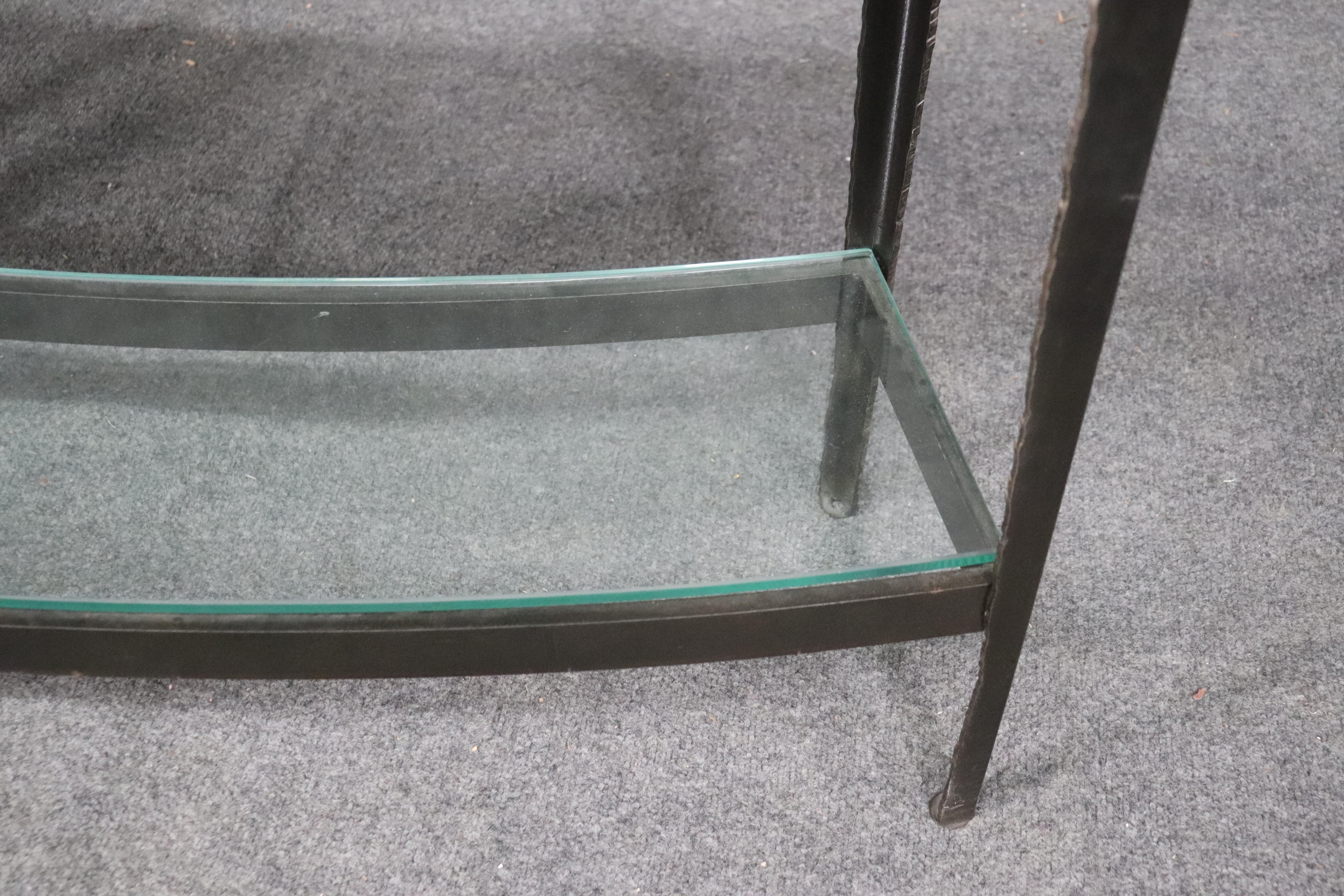 Late 20th Century Unique Art Studio Made Melted Stained Glass Curved Console Table Steel Base