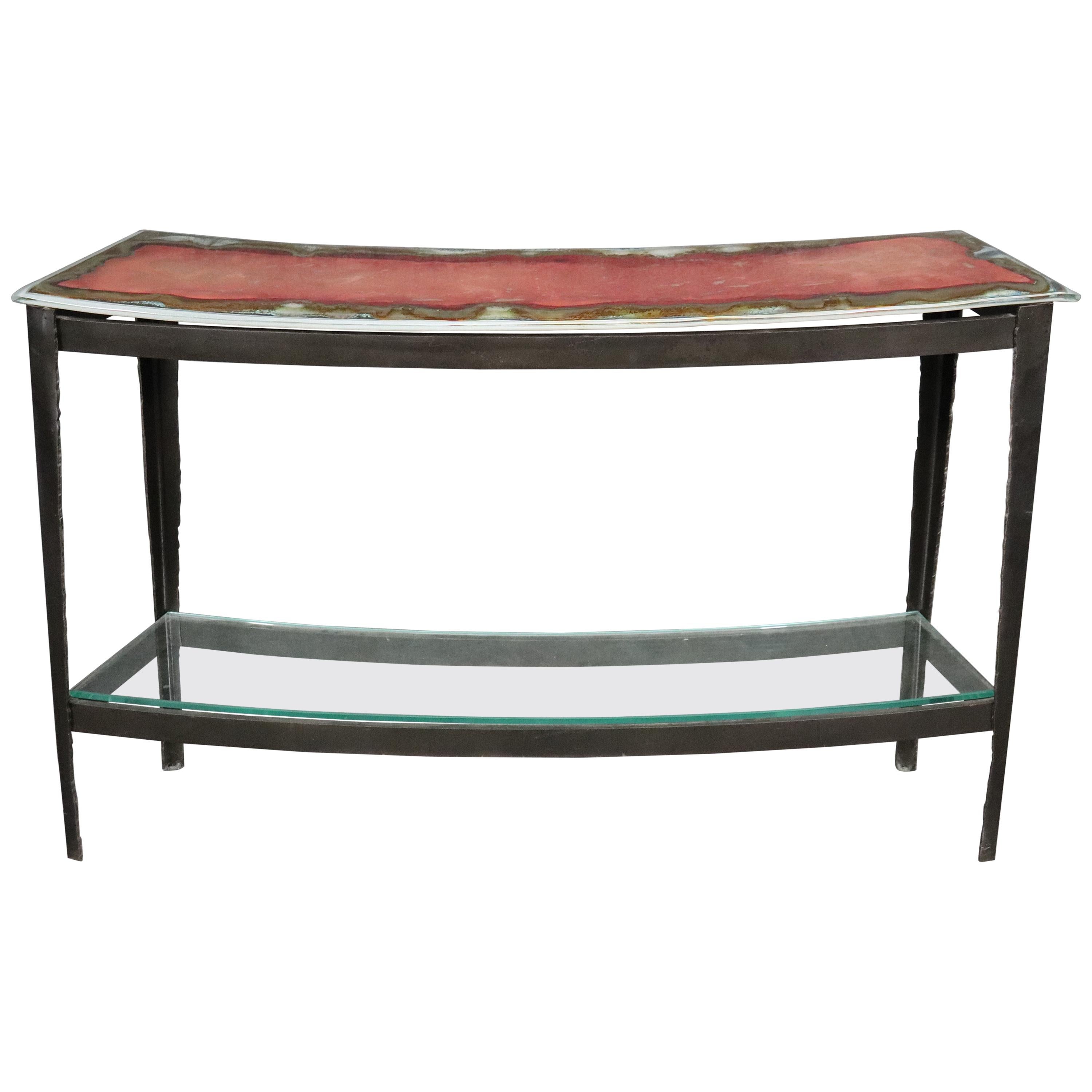 Unique Art Studio Made Melted Stained Glass Curved Console Table Steel Base