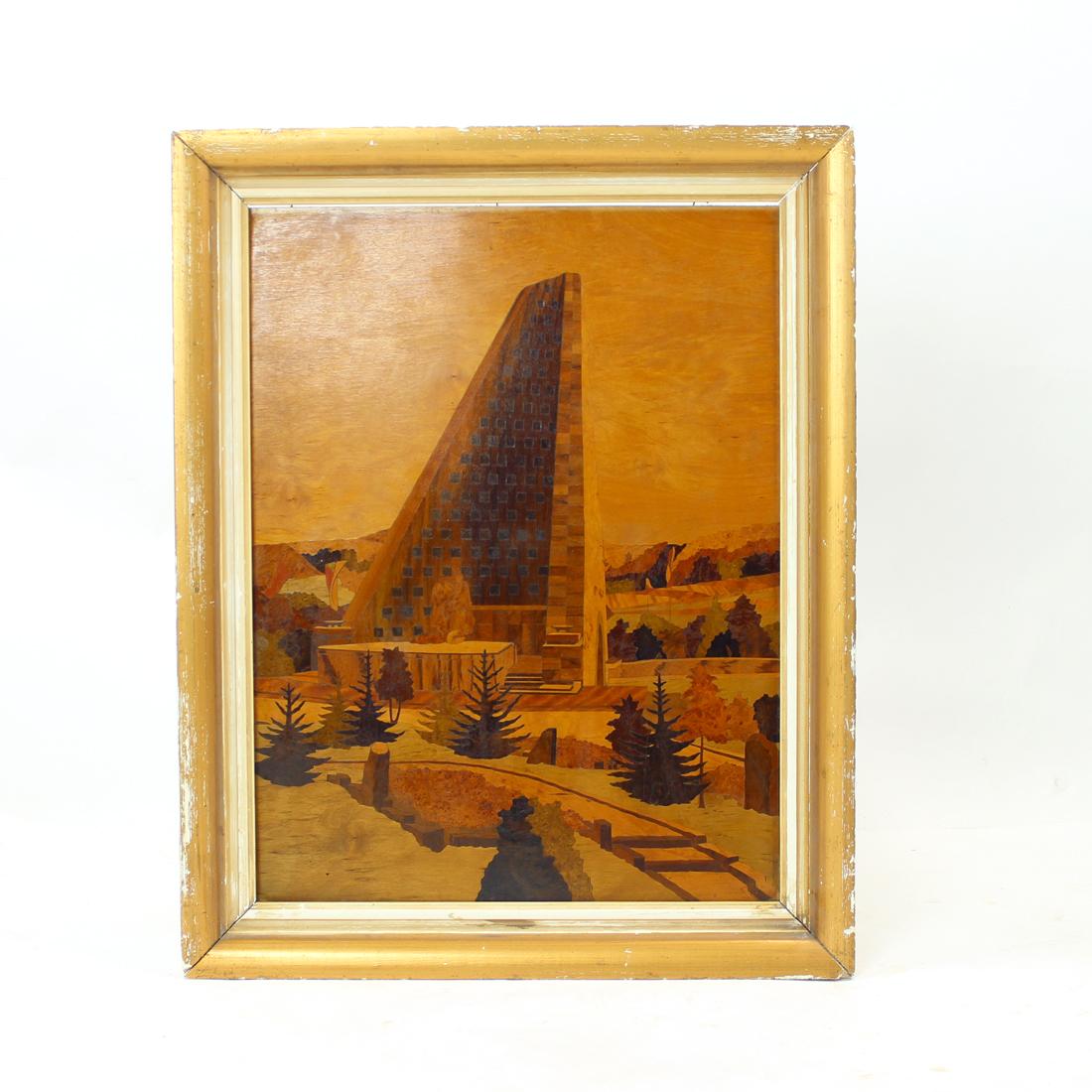 Unique framed art work produced in Czechoslovakia in 1950s. The art is completely made of wood veneer. It is inlaid in tiny pieces to create one beautiful piece of finish. The artist used the wood veneer as a paint color. Different colors are