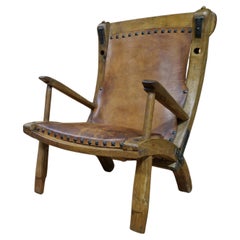 Unique artisan hardwood and leather lounge chair, Netherlands 1950s