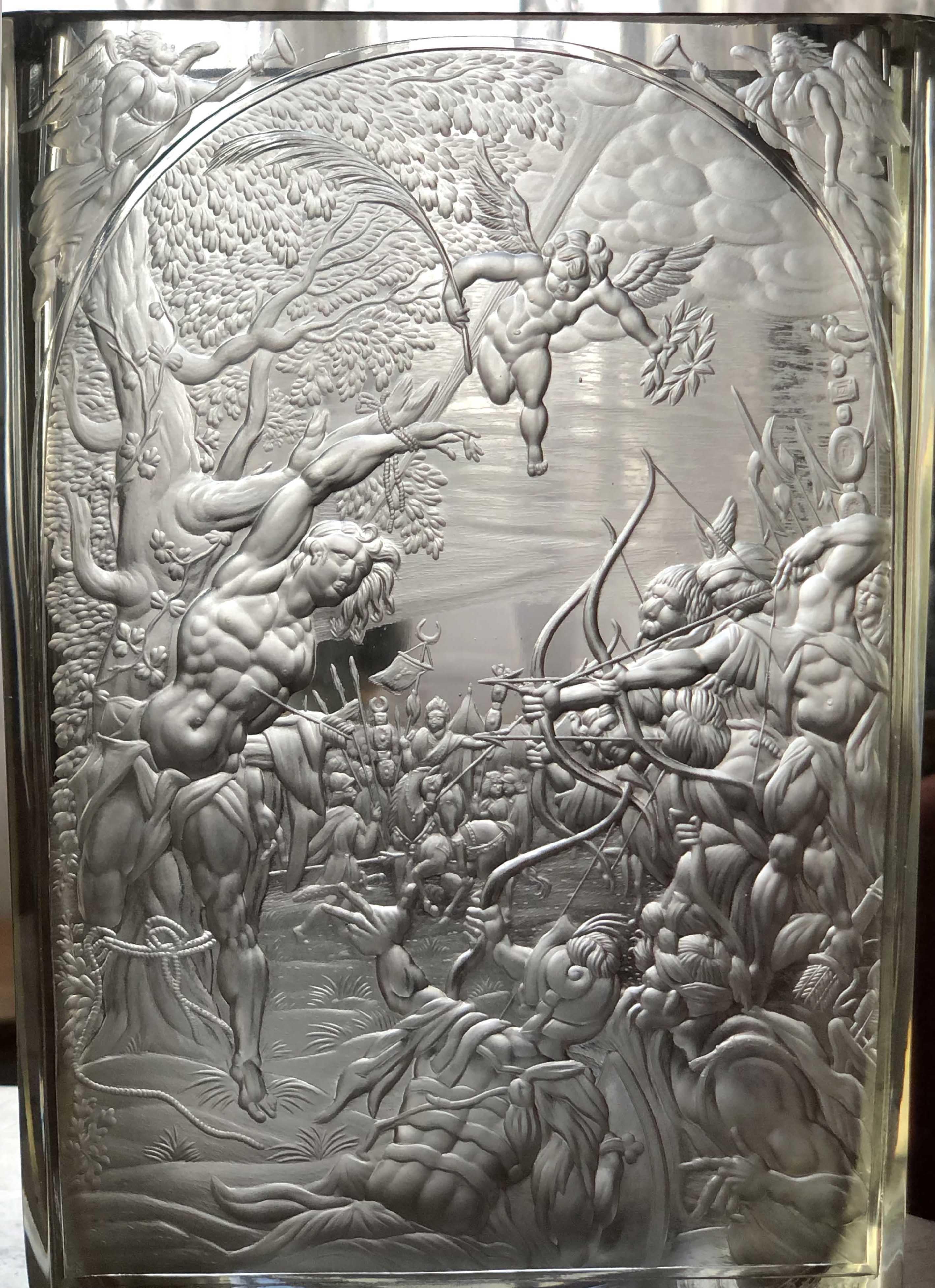 Czech Unique Artistic Engraved Vase Saint Sebastian 'Otto Pietsch' Bohemian Glass For Sale