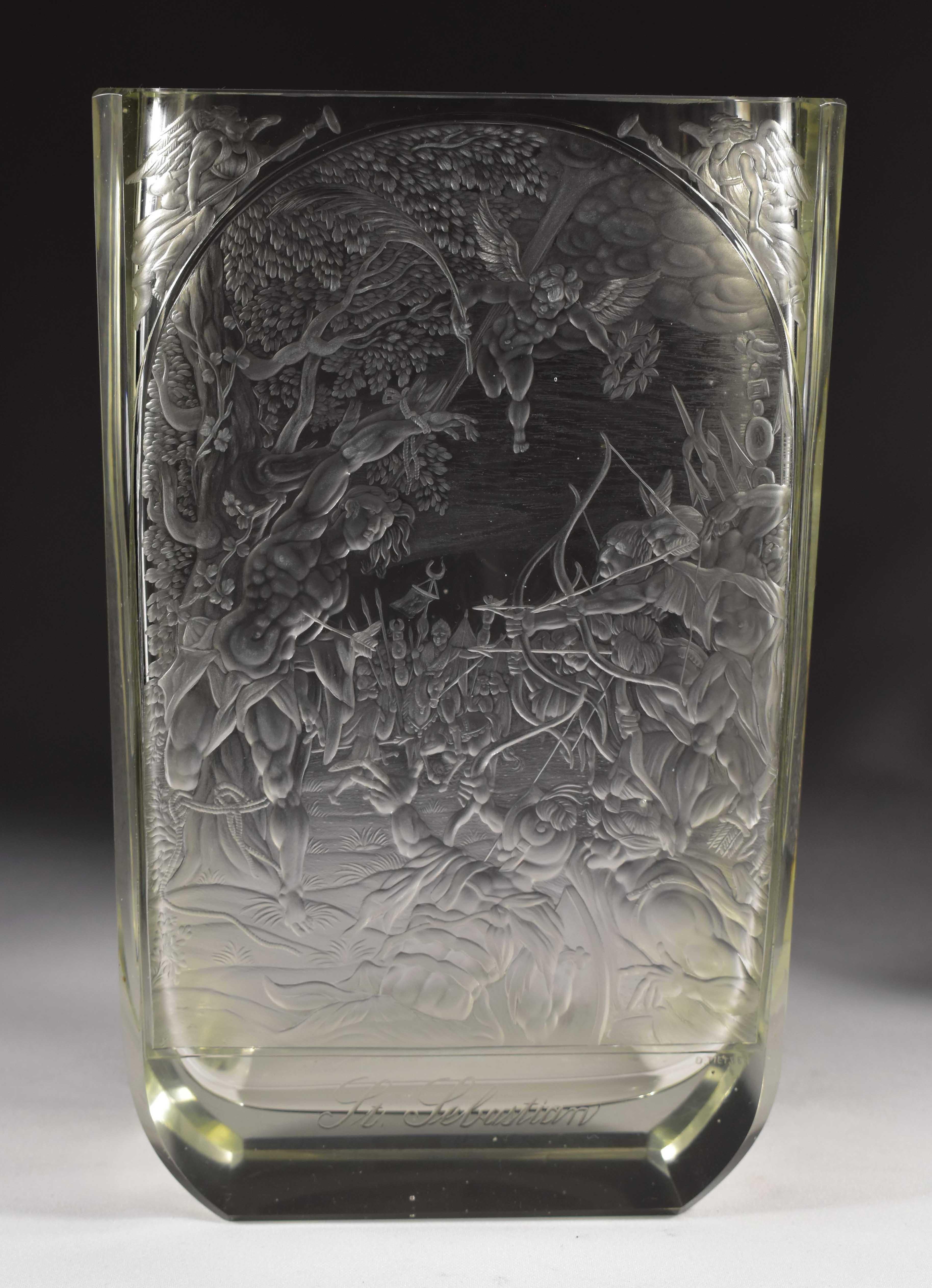20th Century Unique Artistic Engraved Vase Saint Sebastian 'Otto Pietsch' Bohemian Glass For Sale