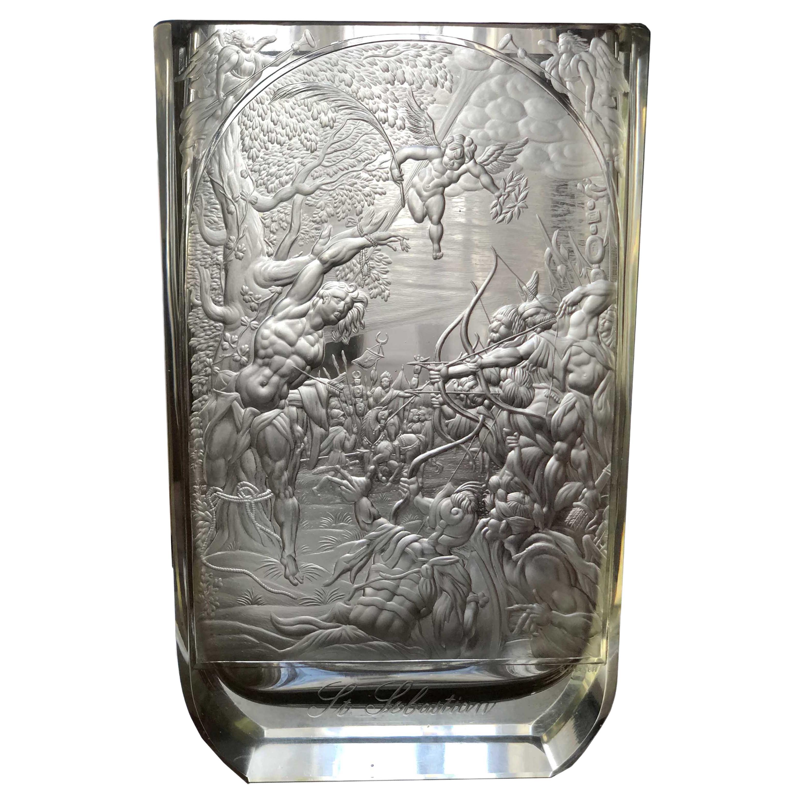 Unique Artistic Engraved Vase Saint Sebastian 'Otto Pietsch' Bohemian Glass For Sale