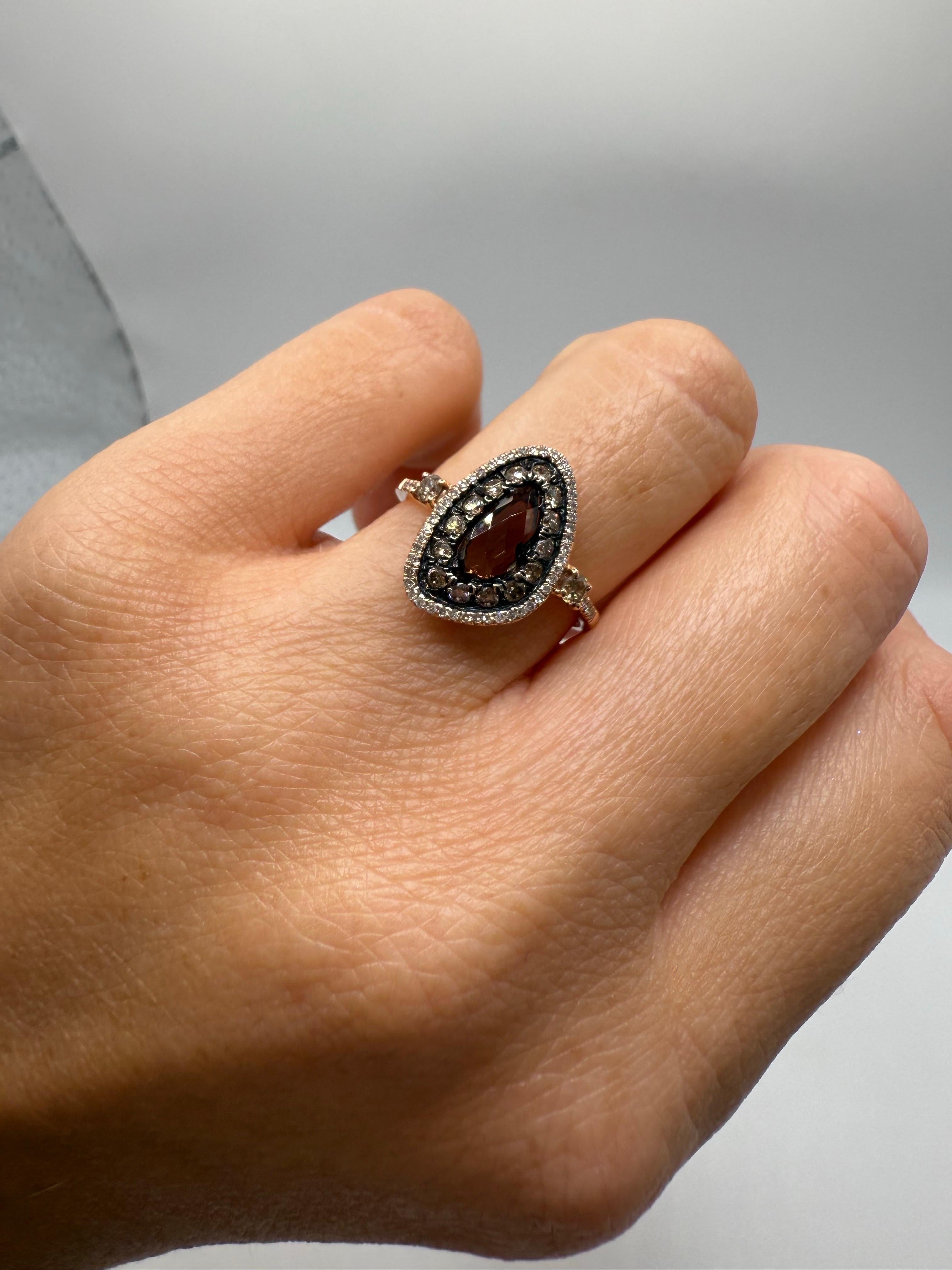 Brilliant Cut Unique Artistic Smoky Quartz Diamond ring 0.52ct 14KT gold For Sale