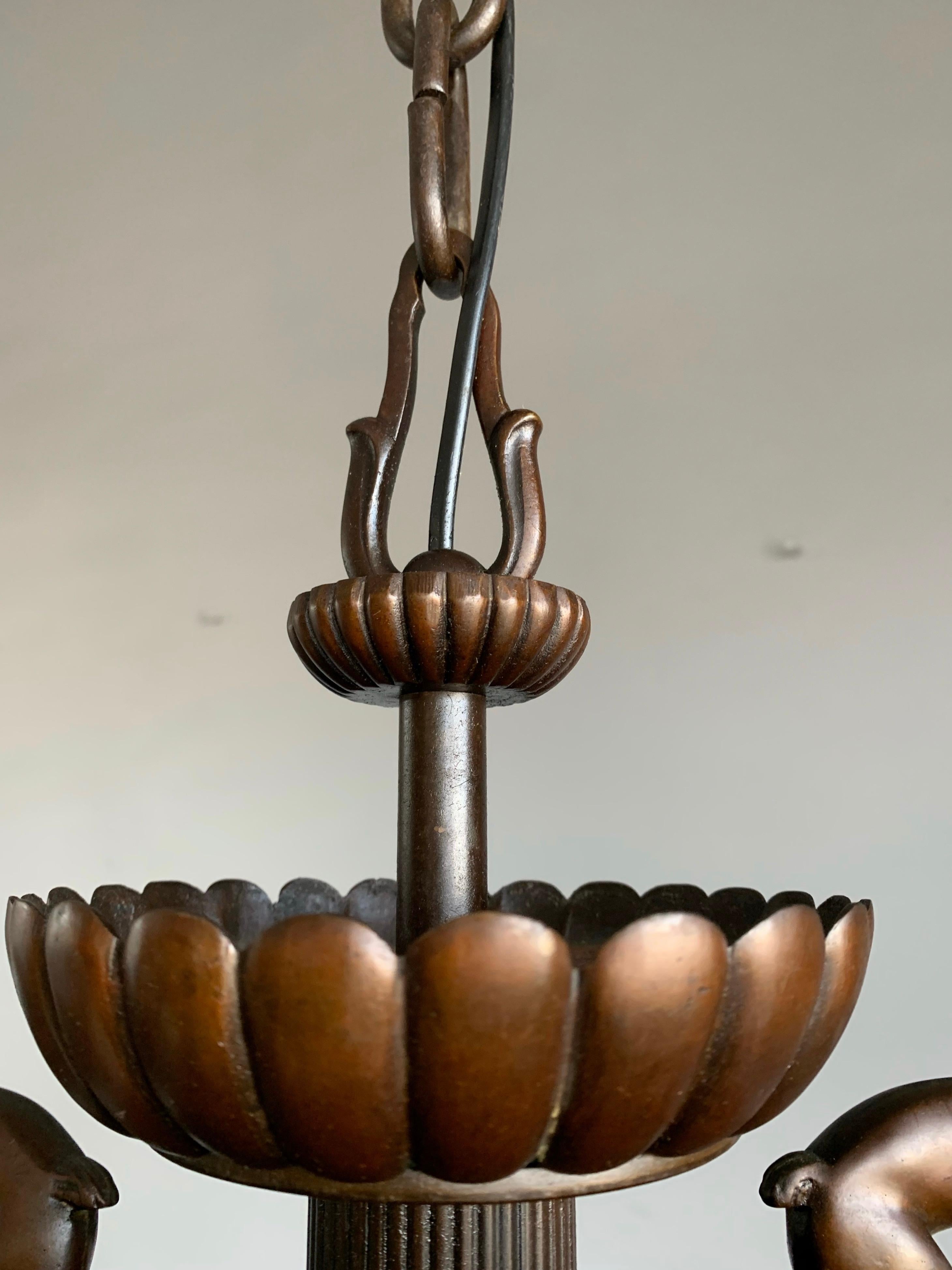 Unique Art Deco Alabaster and Bronze Chandelier with Wizard Like Sculptures For Sale 7