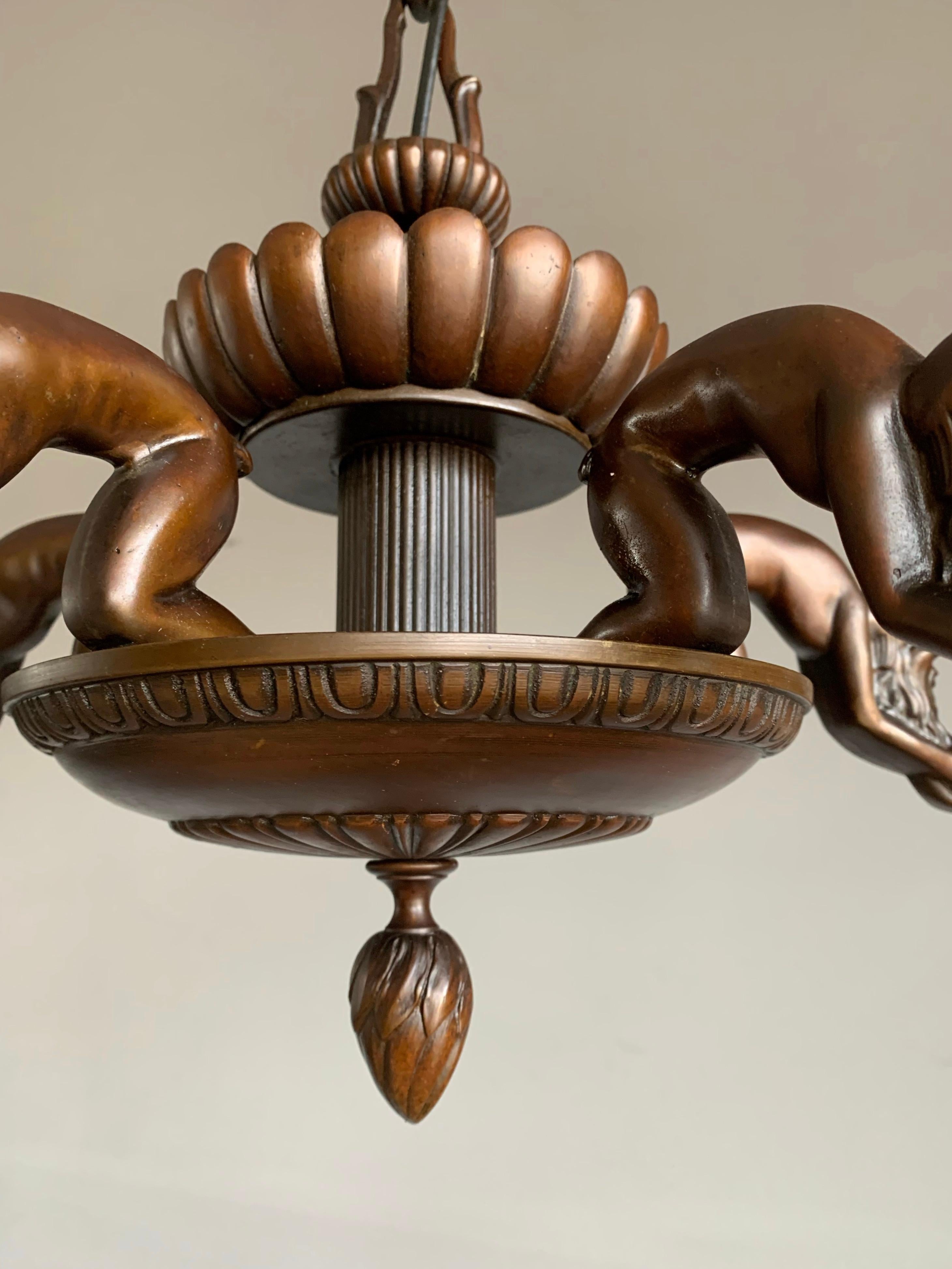 Unique Art Deco Alabaster and Bronze Chandelier with Wizard Like Sculptures For Sale 9