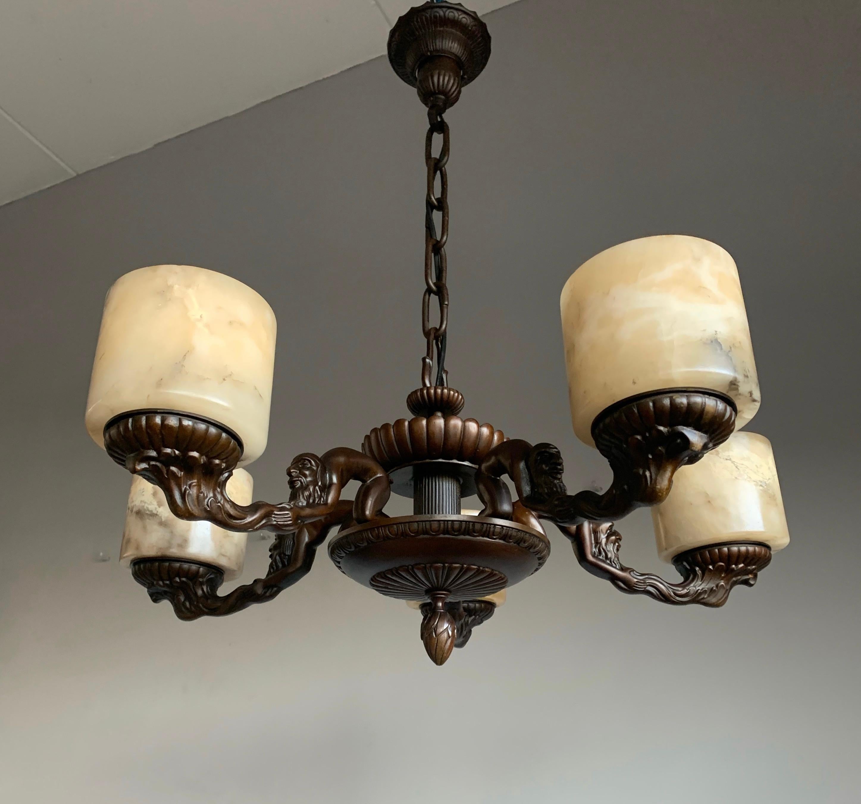 Unique Art Deco Alabaster and Bronze Chandelier with Wizard Like Sculptures For Sale 12