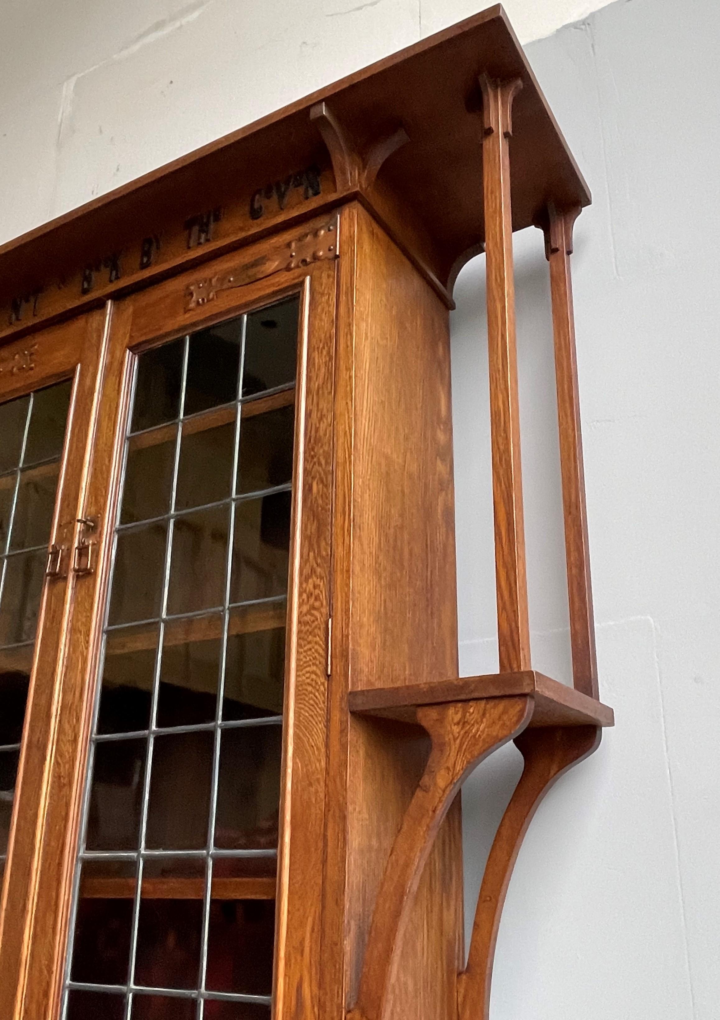 Unique Arts and Crafts Bookcase w. Original Glass and Written Ebonized Saying 7