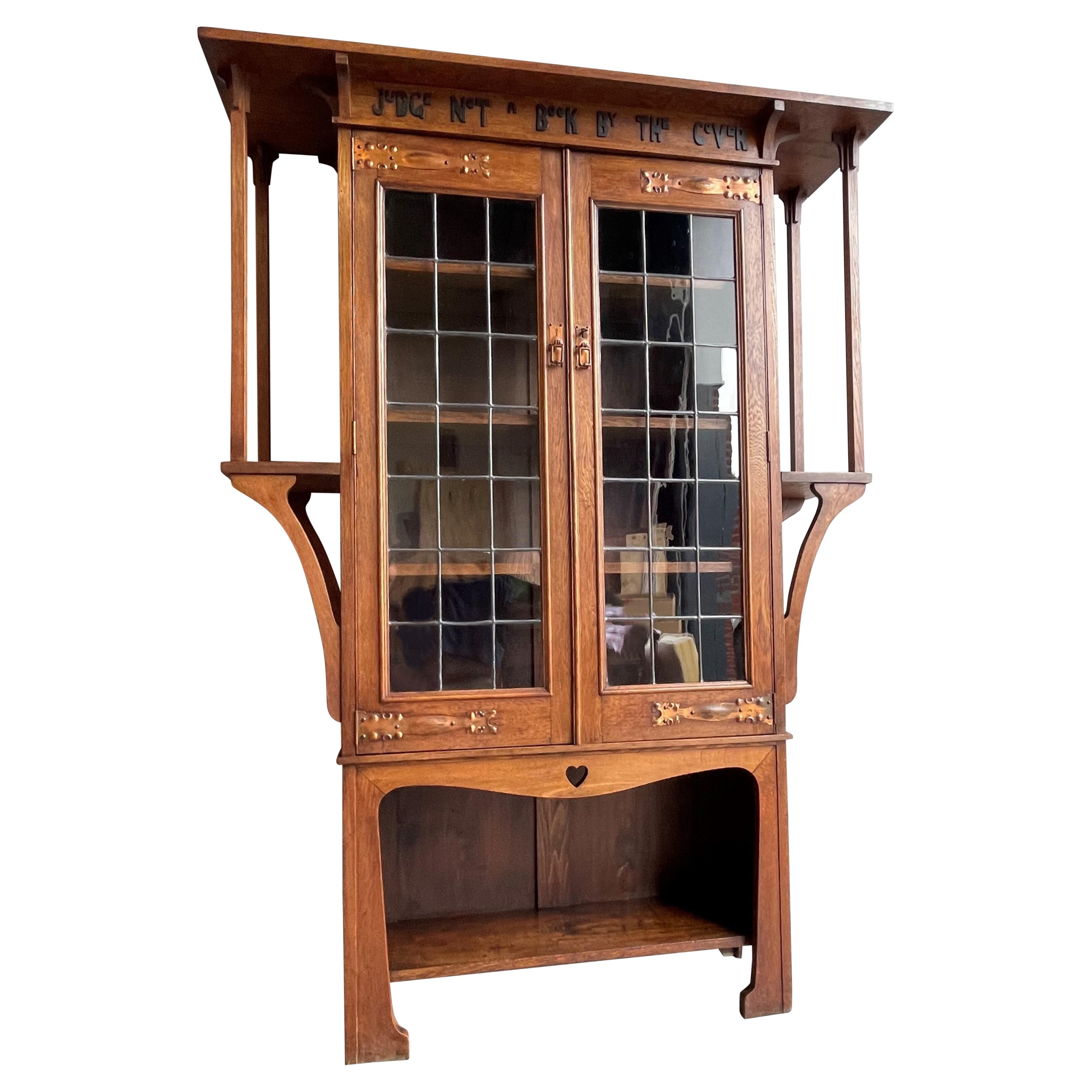 Unique Arts and Crafts Bookcase w. Original Glass and Written Ebonized Saying