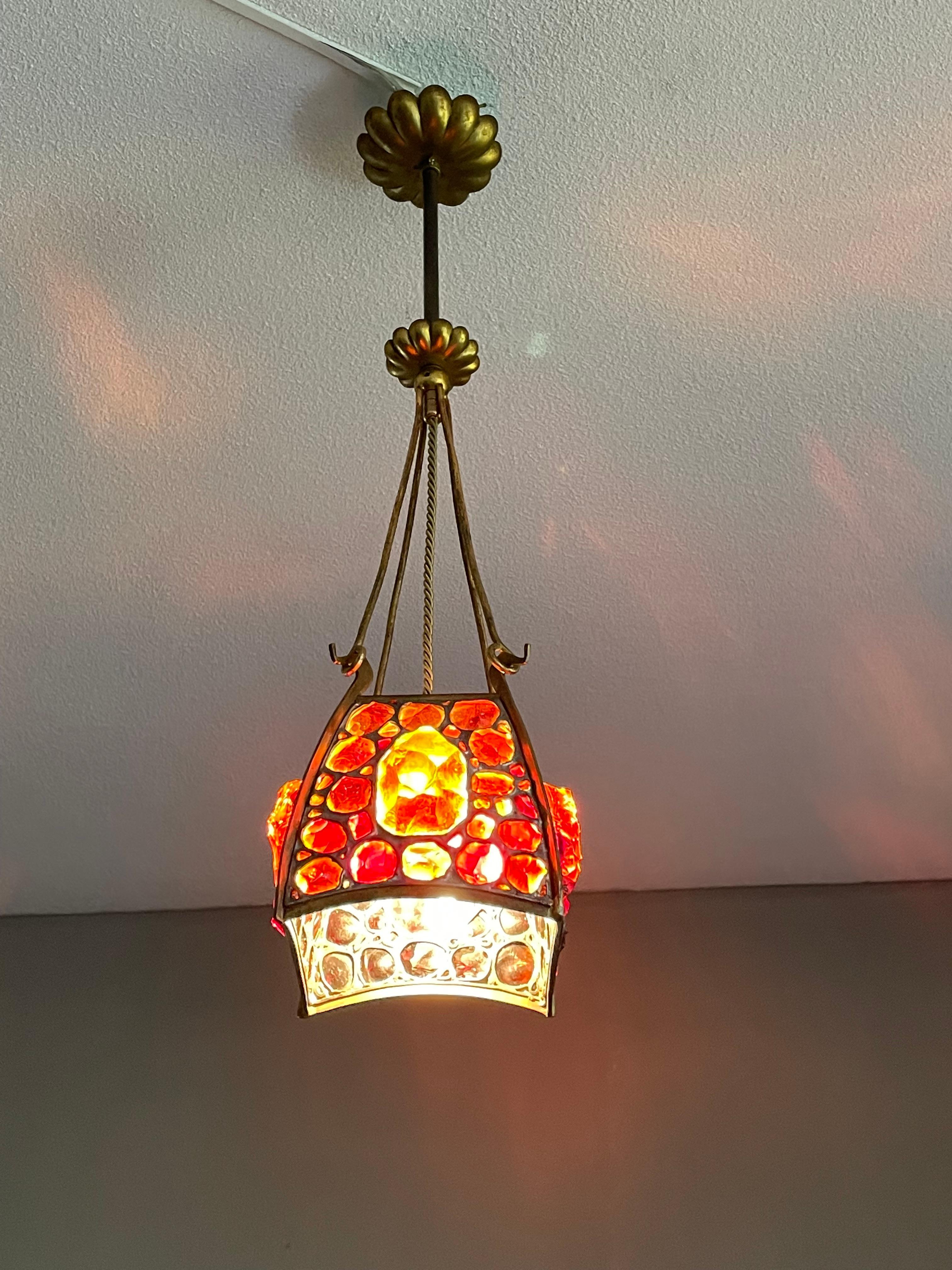 Unique Arts and Crafts Brass, Gilt Bronze and Chunky Glass Pendant Light Fixture 5