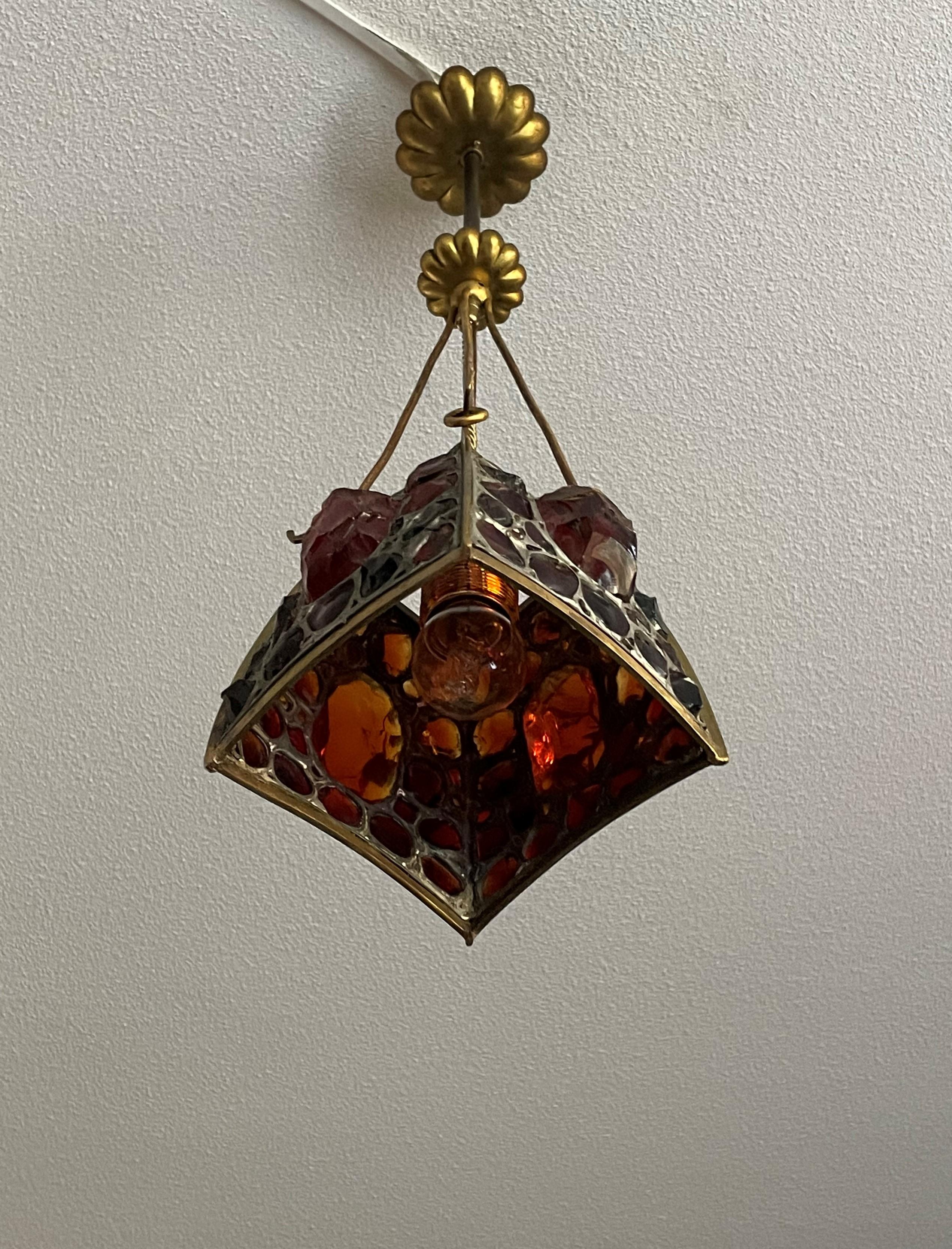 Unique Arts and Crafts Brass, Gilt Bronze and Chunky Glass Pendant Light Fixture 6