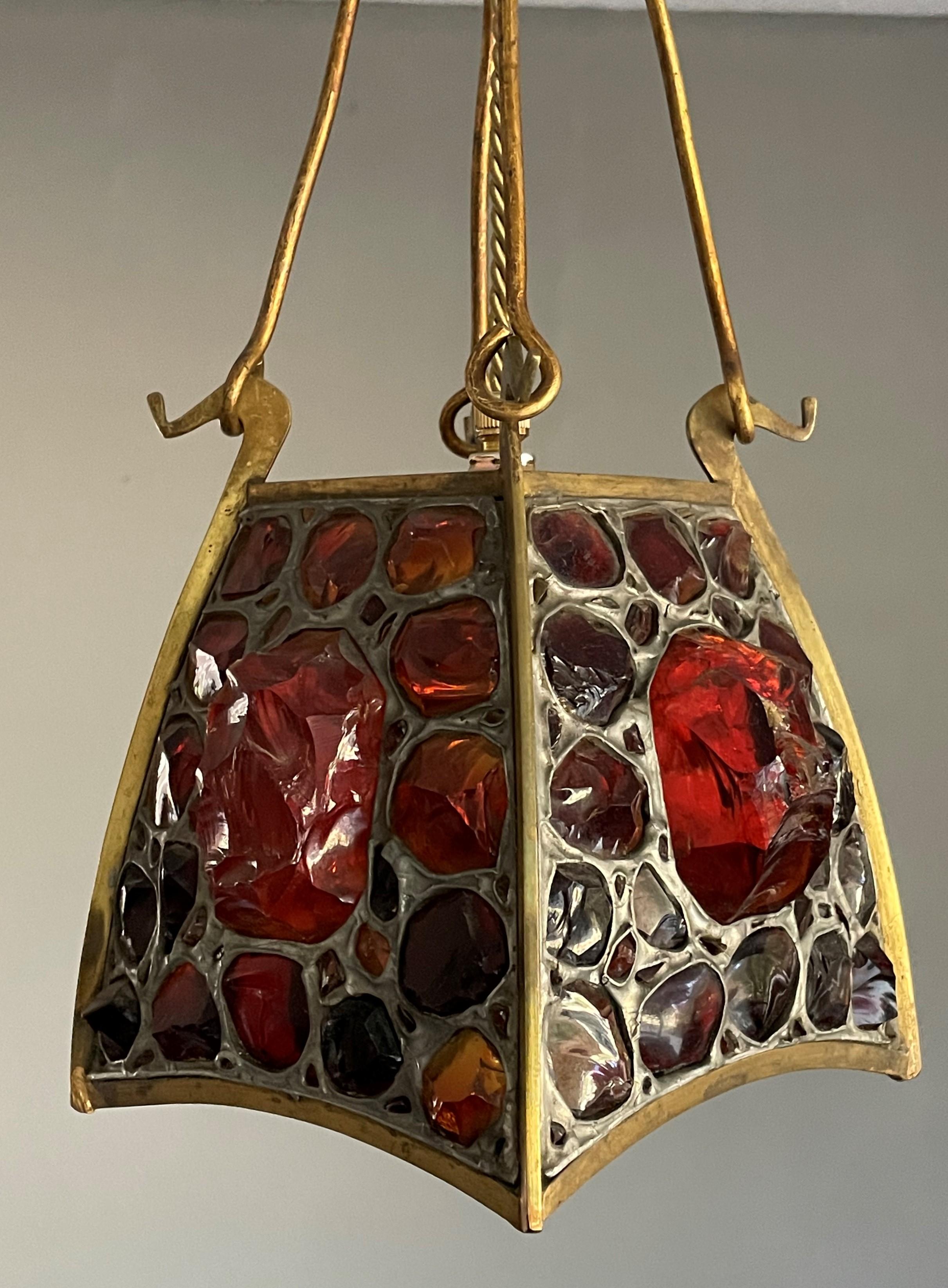 Unique Arts and Crafts Brass, Gilt Bronze and Chunky Glass Pendant Light Fixture 8