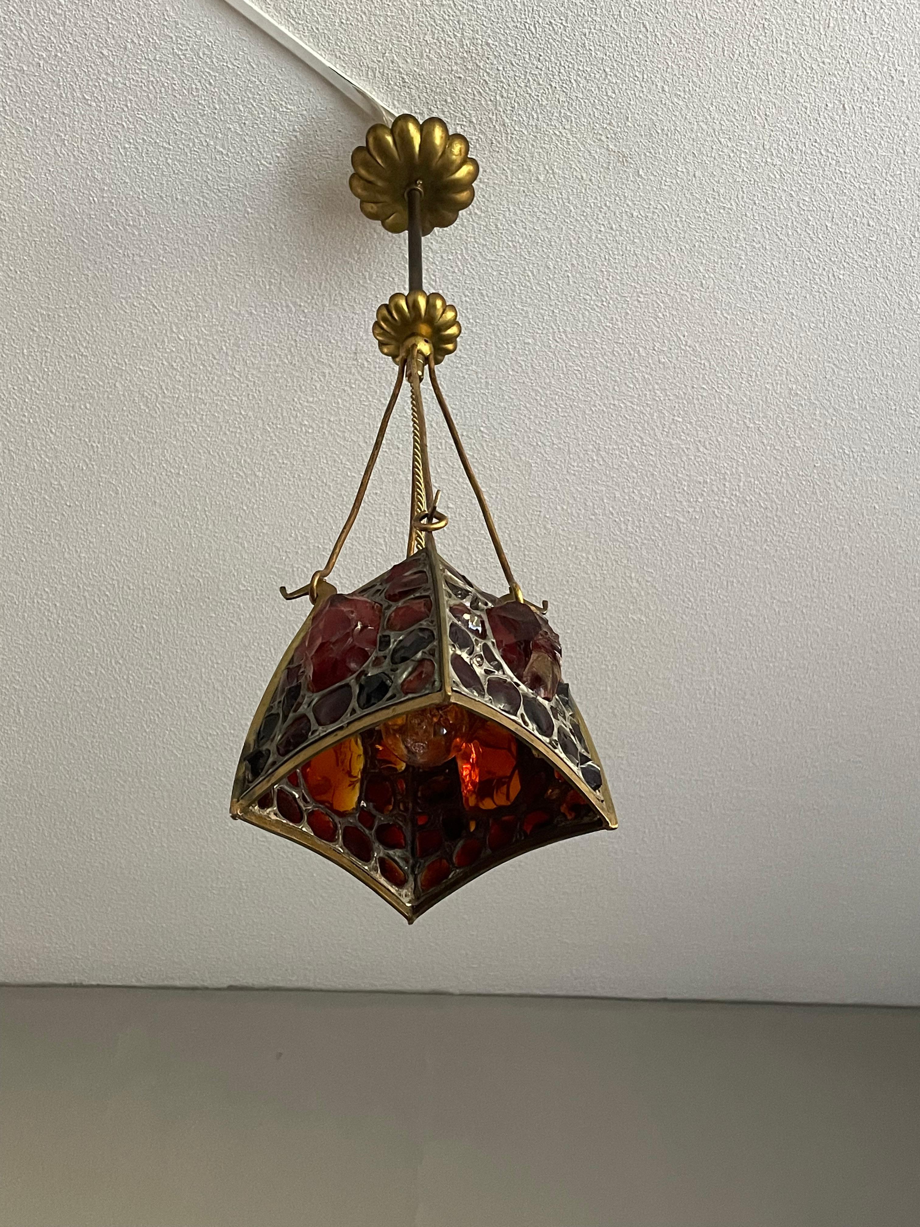 Unique Arts and Crafts Brass, Gilt Bronze and Chunky Glass Pendant Light Fixture 10