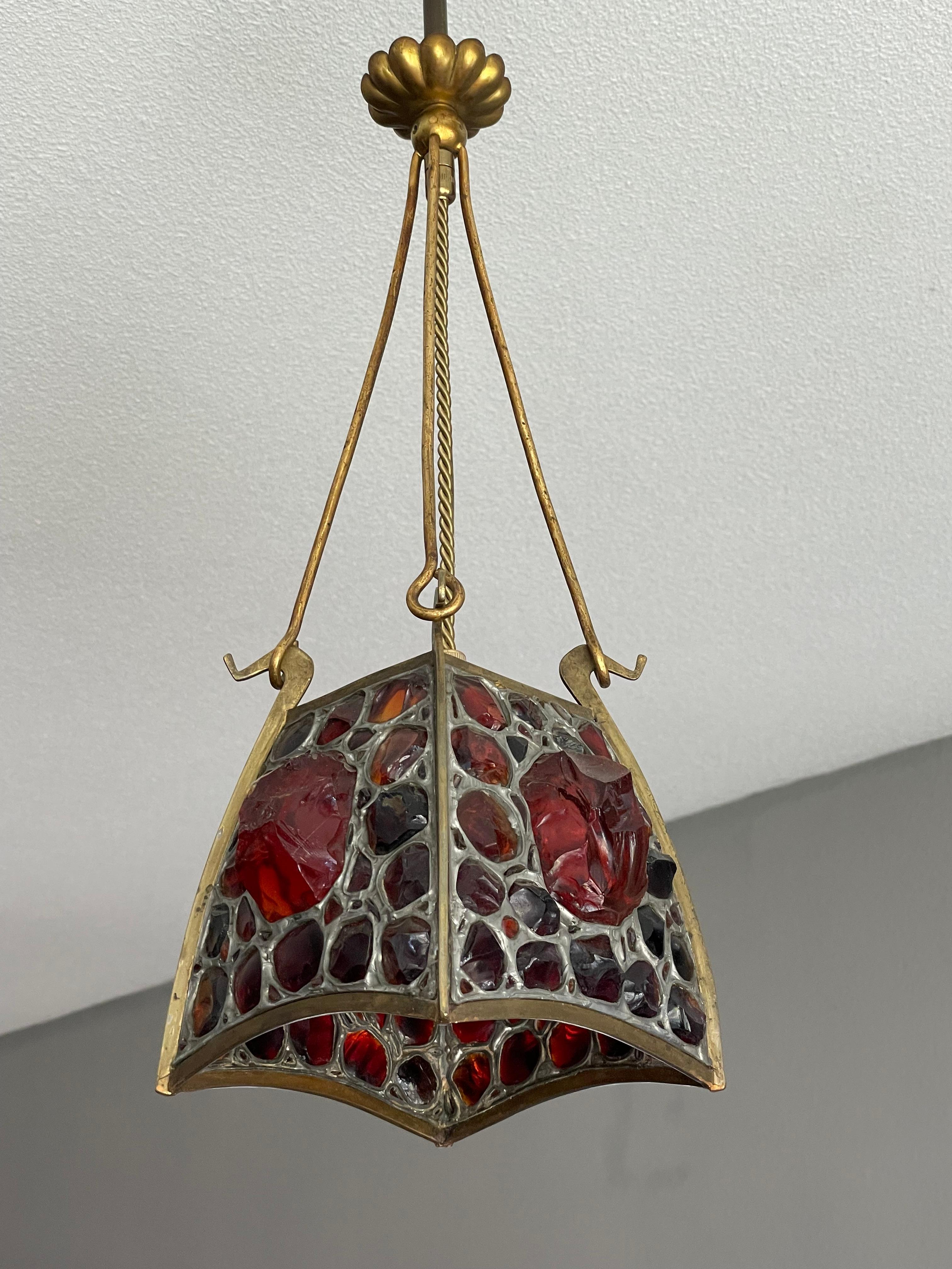 Unique Arts and Crafts Brass, Gilt Bronze and Chunky Glass Pendant Light Fixture 13