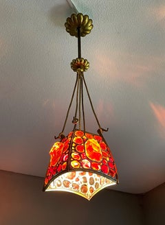 Unique Arts and Crafts Brass, Gilt Bronze and Chunky Glass Pendant Light Fixture