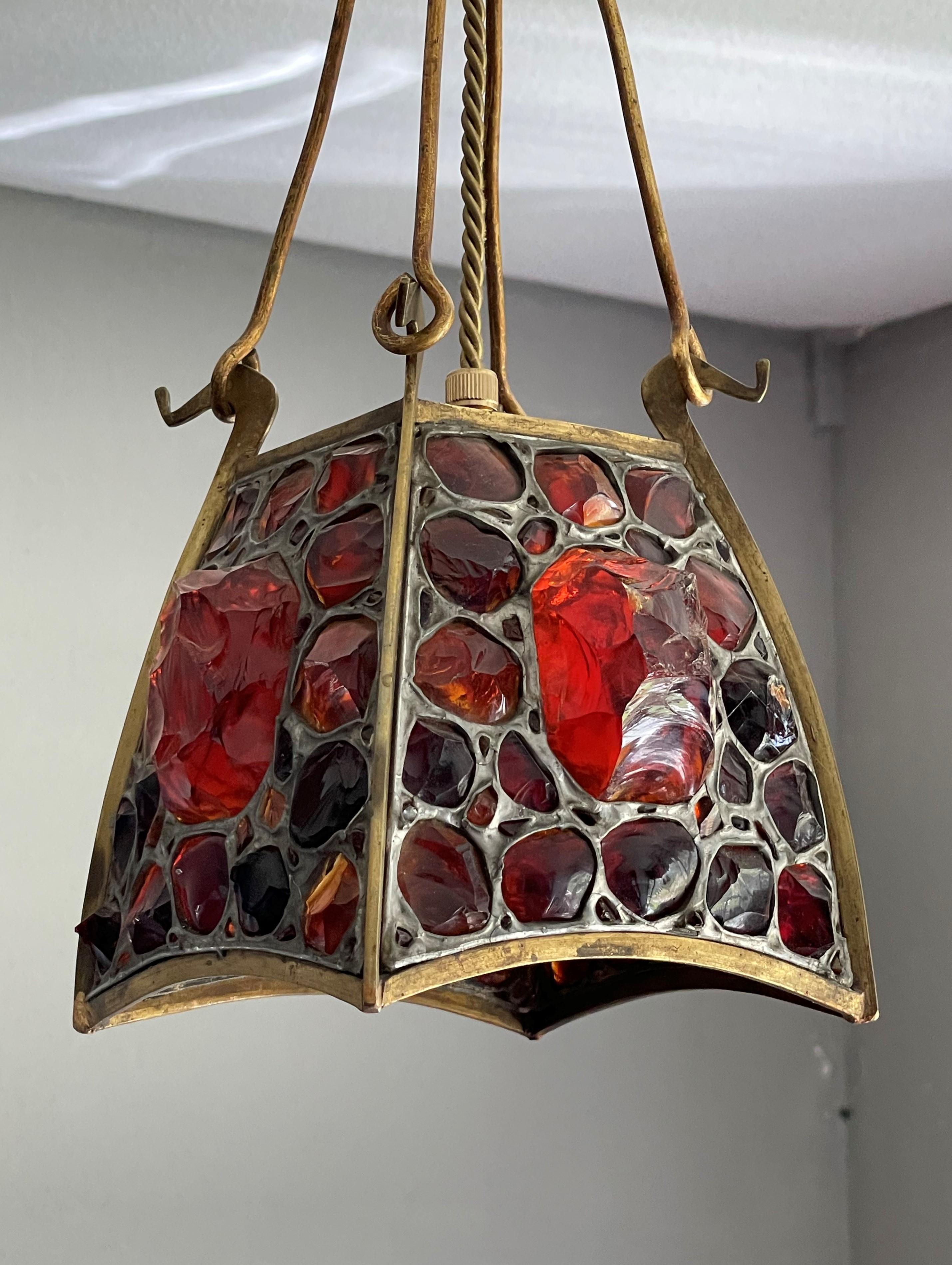 European Unique Arts and Crafts Brass, Gilt Bronze and Chunky Glass Pendant Light Fixture
