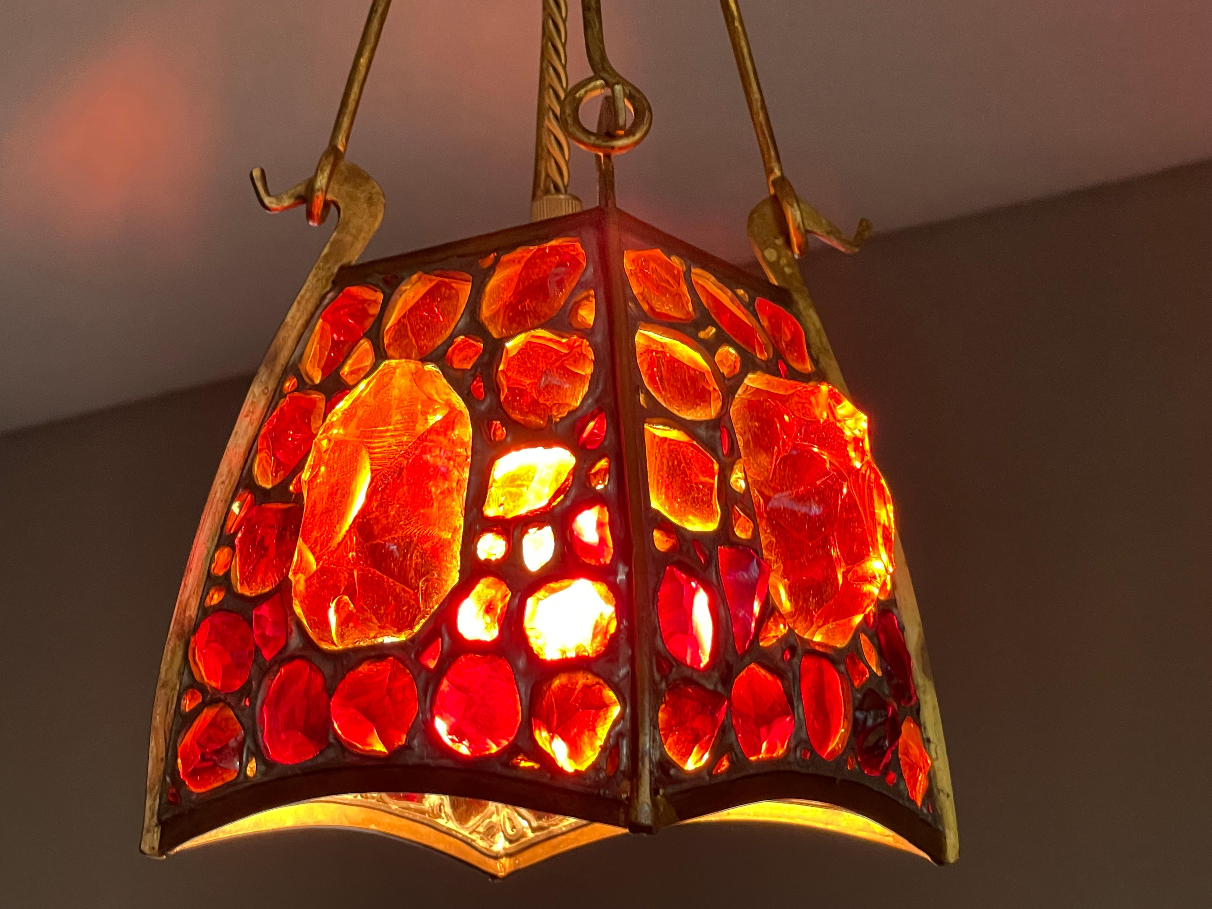 Hand-Crafted Unique Arts and Crafts Brass, Gilt Bronze and Chunky Glass Pendant Light Fixture