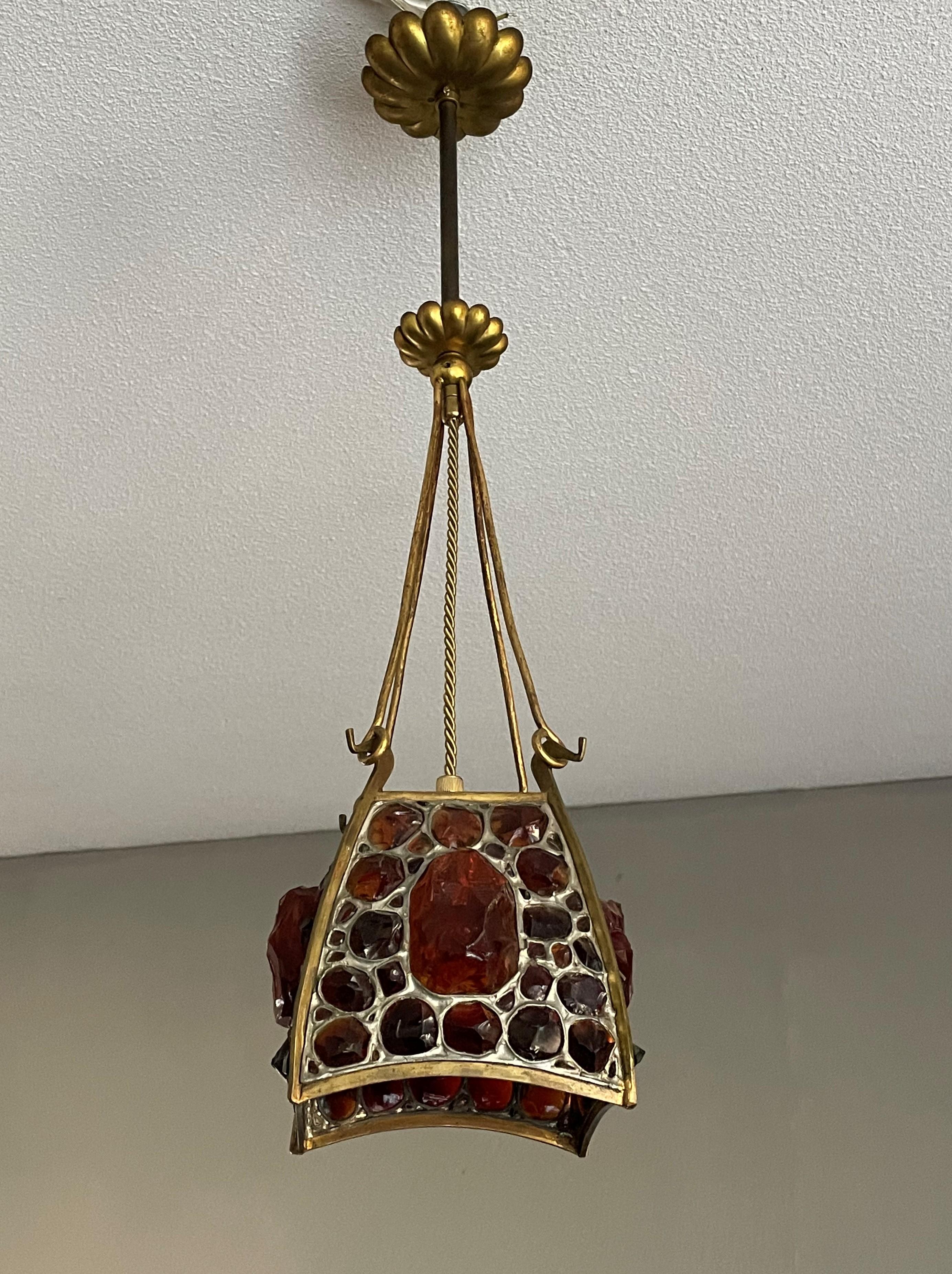 Unique Arts and Crafts Brass, Gilt Bronze and Chunky Glass Pendant Light Fixture In Good Condition In Lisse, NL