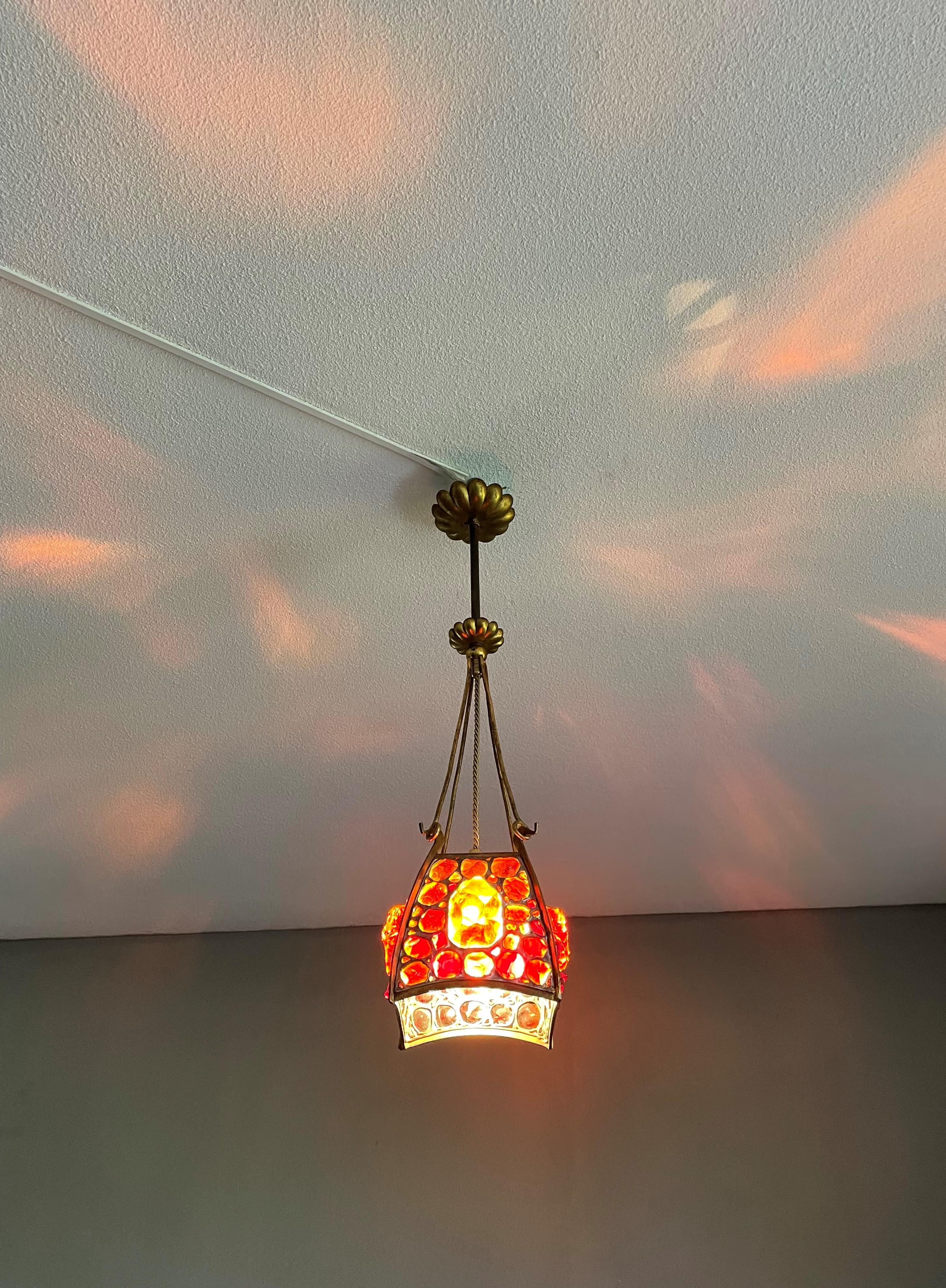 Unique Arts and Crafts Brass, Gilt Bronze and Chunky Glass Pendant Light Fixture 1