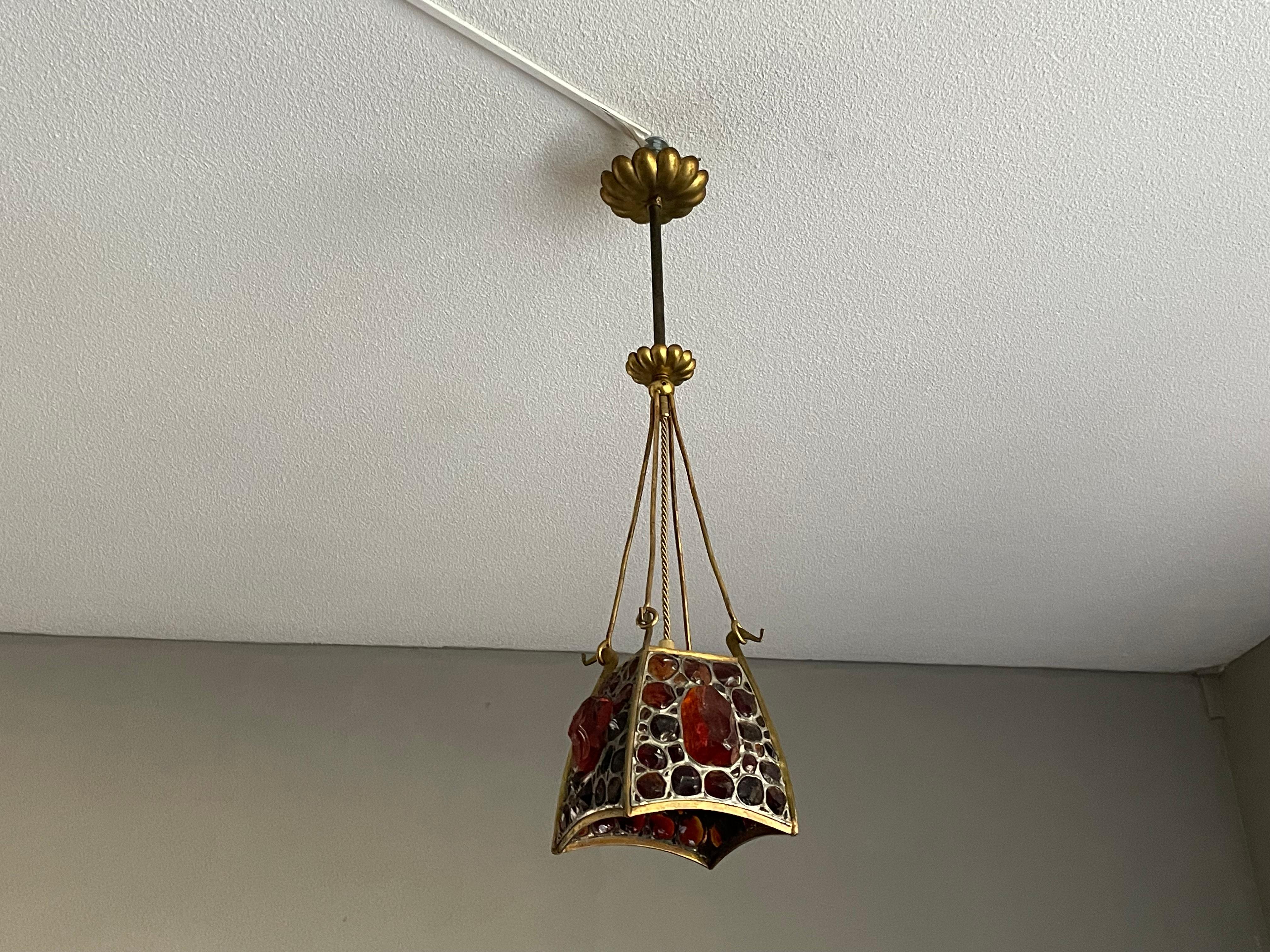 Unique Arts and Crafts Brass, Gilt Bronze and Chunky Glass Pendant Light Fixture 2