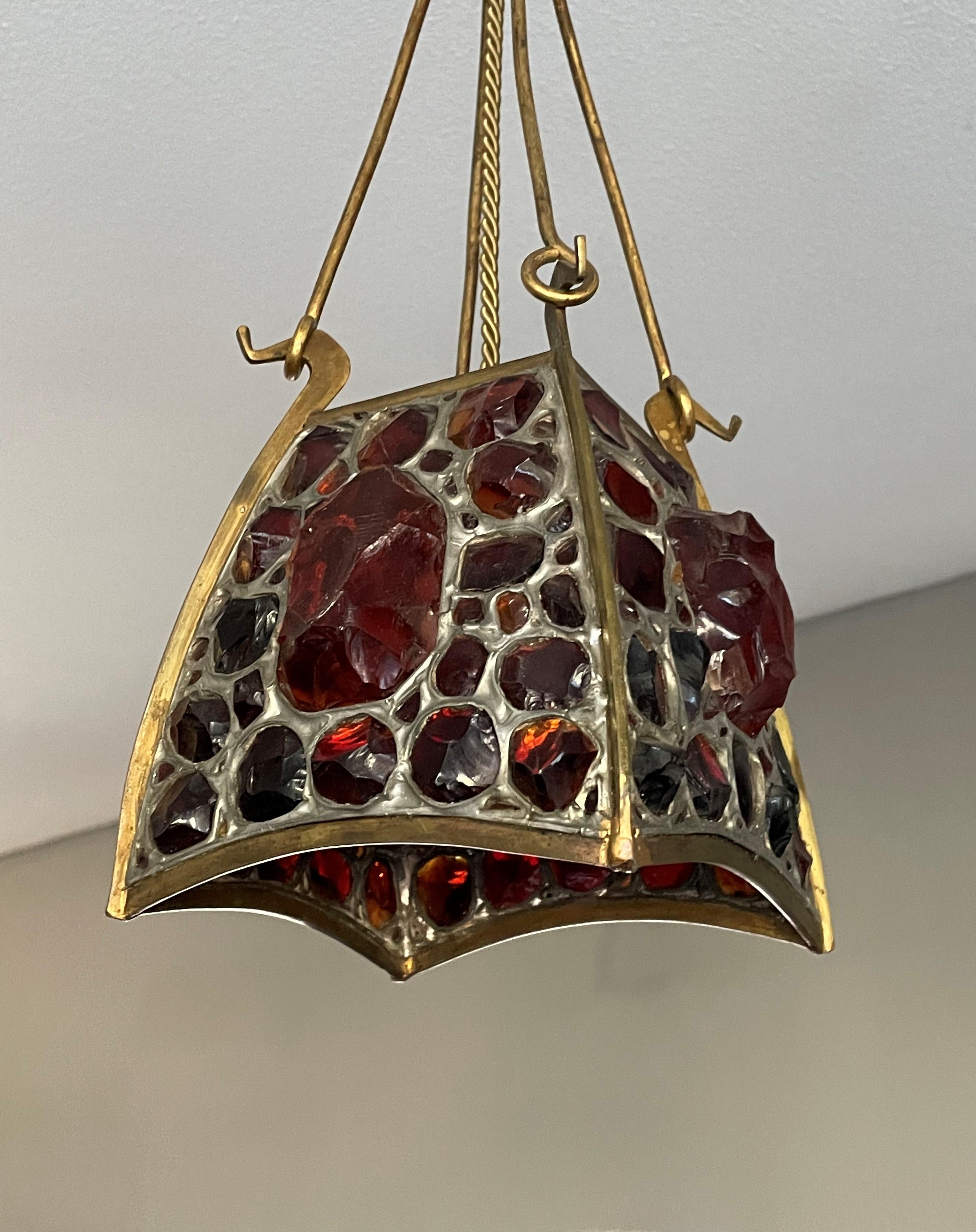 Unique Arts and Crafts Brass, Gilt Bronze and Chunky Glass Pendant Light Fixture 3