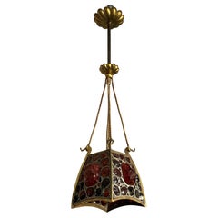 Unique Arts and Crafts Brass, Gilt Bronze and Chunky Glass Pendant Light Fixture
