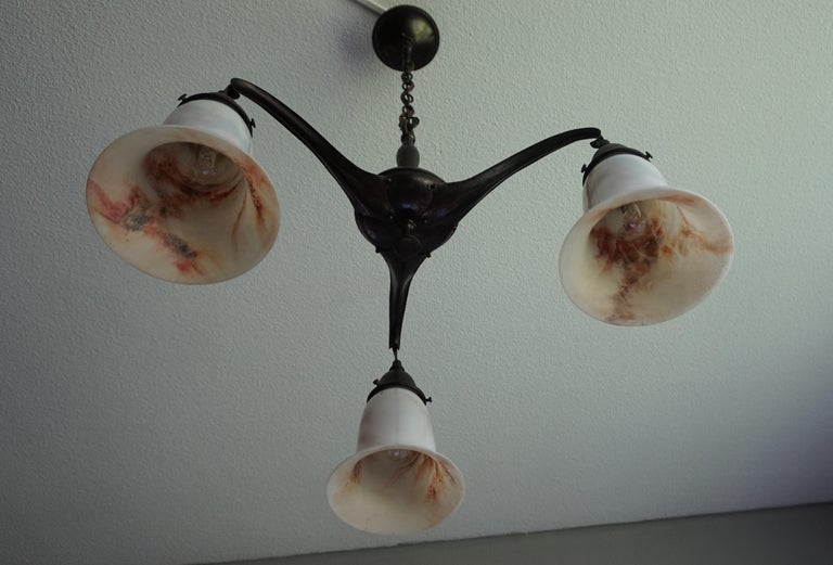 Unique Arts and Crafts Brass and Opaline Art Glass Chandelier / Pendant