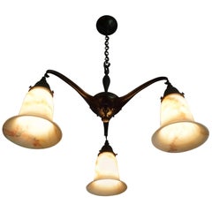 Unique Arts 
Crafts Brass and Opaline Art Glass Chandelier / Pendant Light