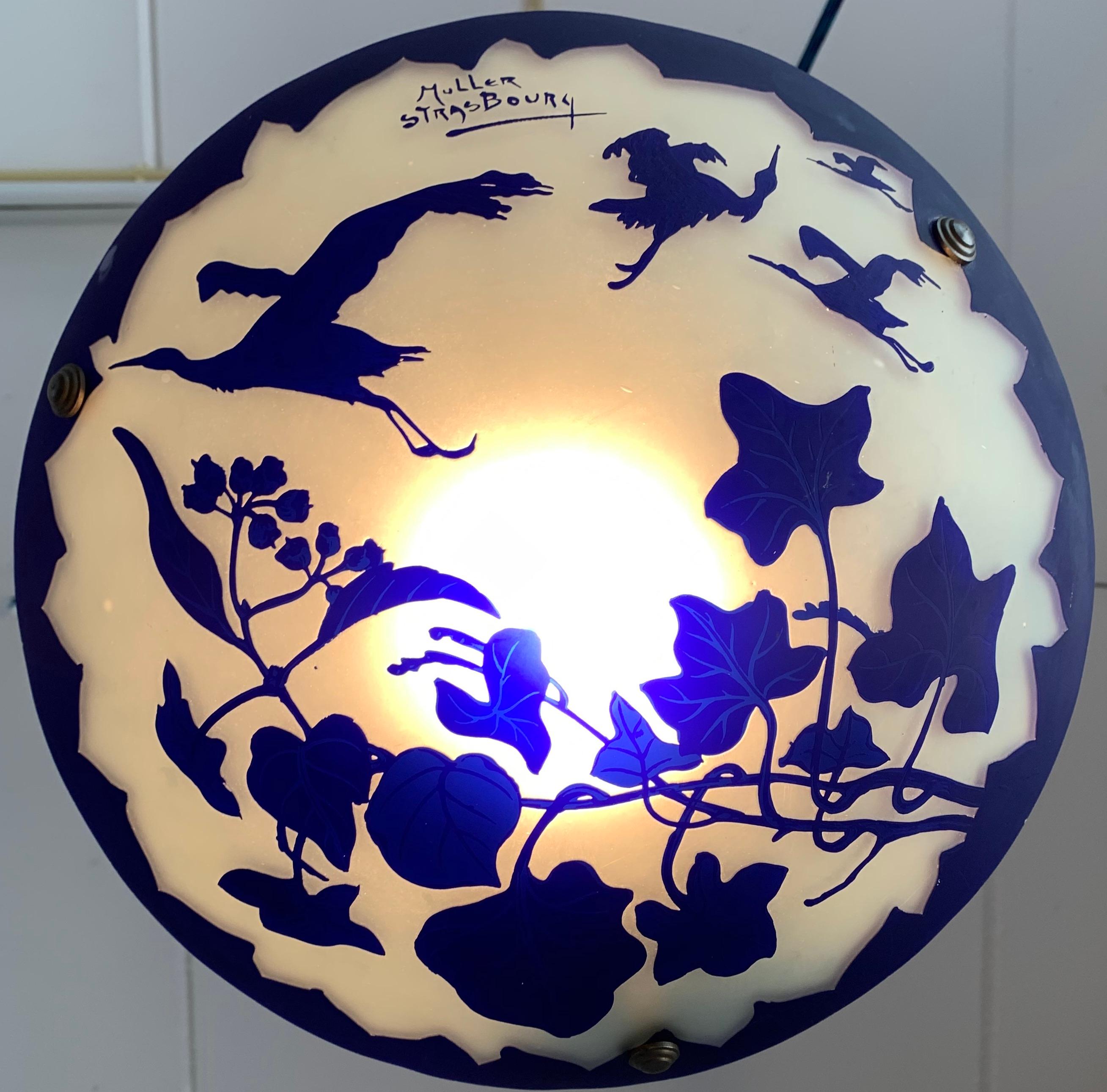 Unique Arts & Crafts Cameo Etched Enameled Glass Pendant Stork Pattern by Muller In Good Condition In Lisse, NL