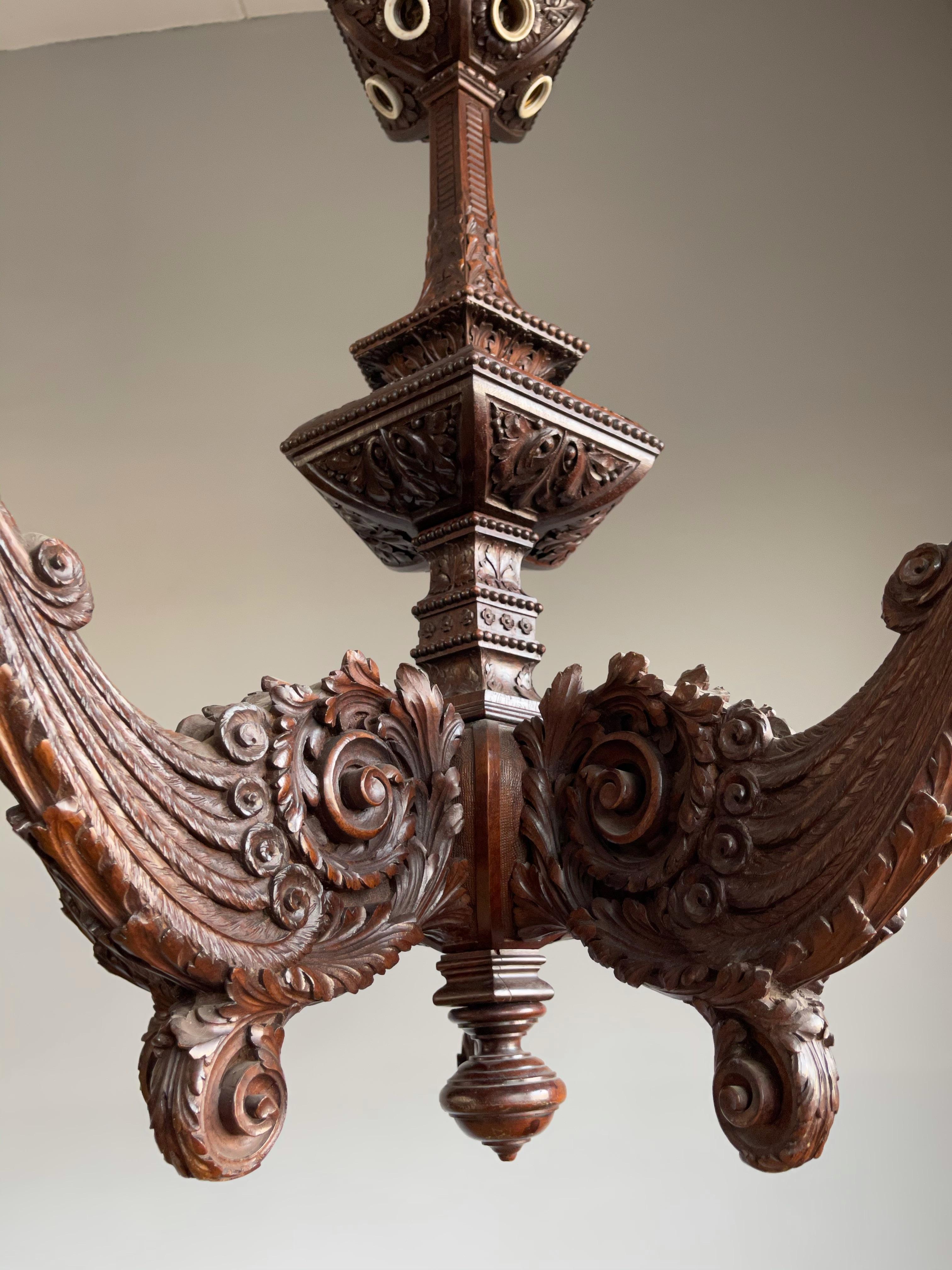 Unique Antique Arts & Crafts Coromandel Five 5-light Chandelier w. Swallow Birds For Sale 2