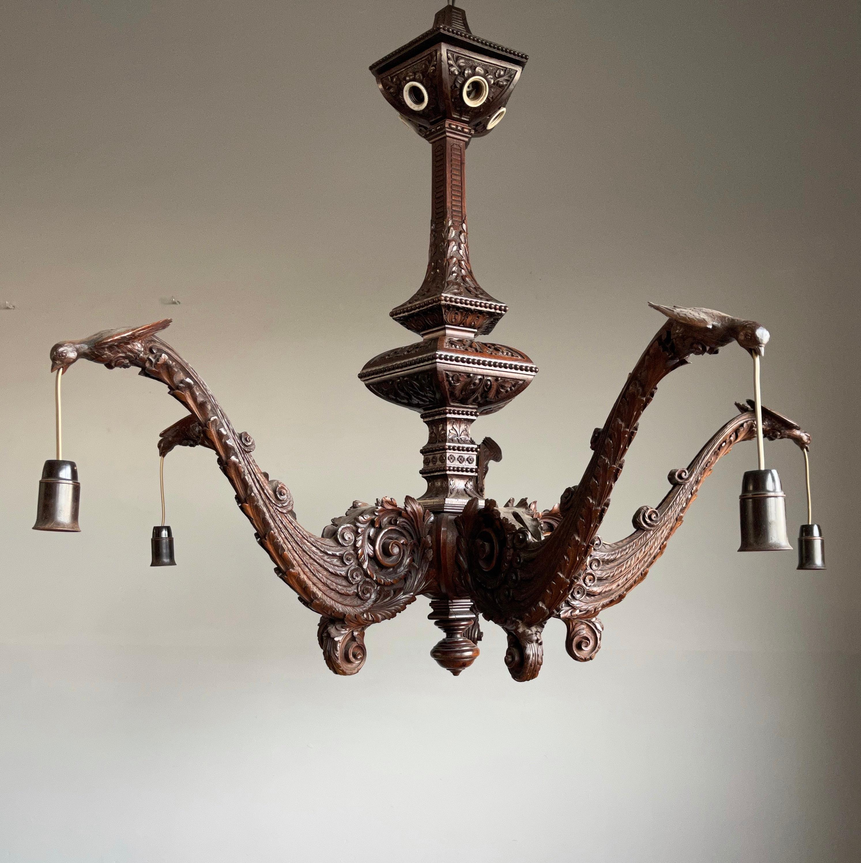 Unique Antique Arts & Crafts Coromandel Five 5-light Chandelier w. Swallow Birds For Sale 3
