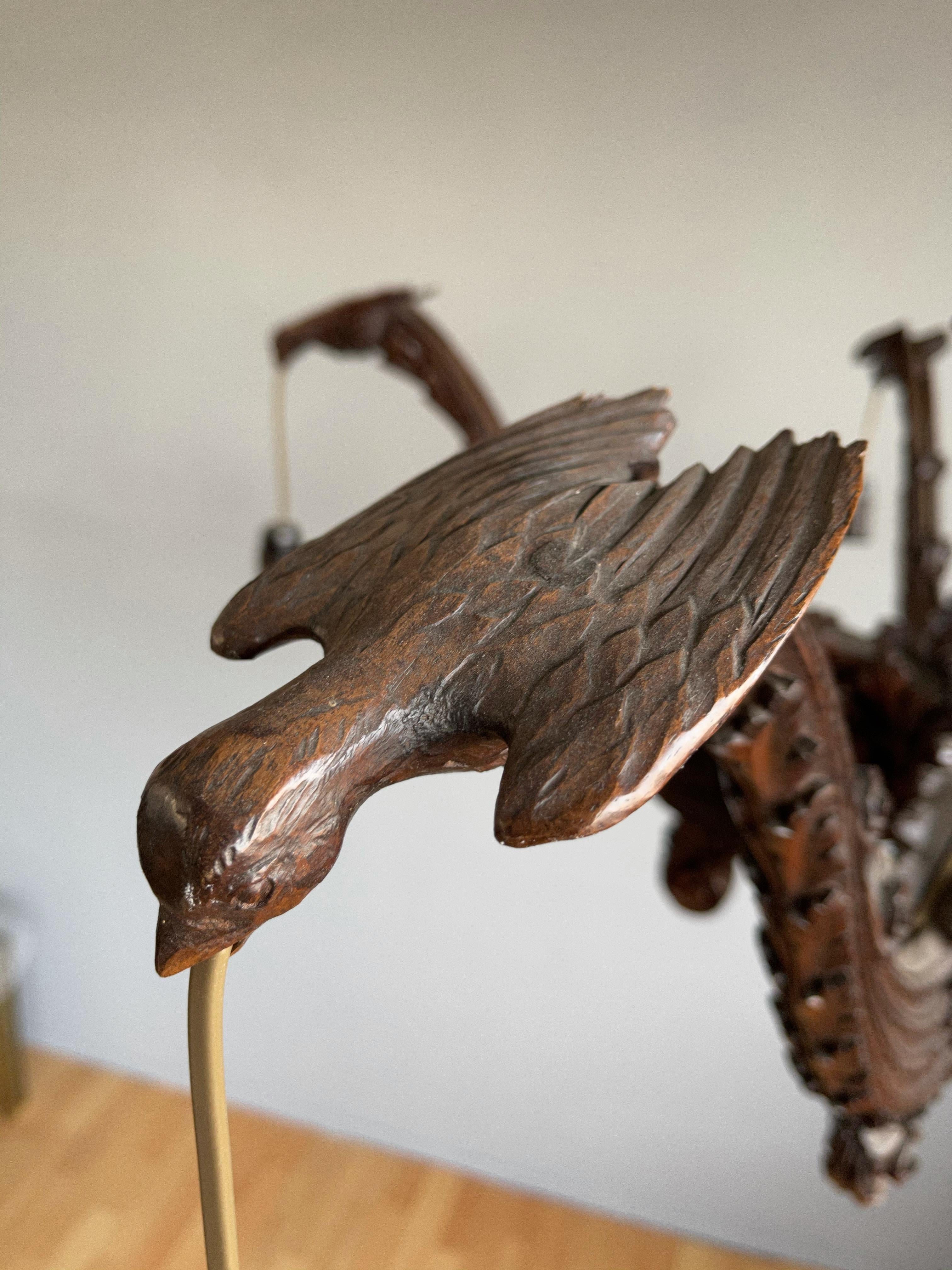 French Unique Antique Arts & Crafts Coromandel Five 5-light Chandelier w. Swallow Birds For Sale